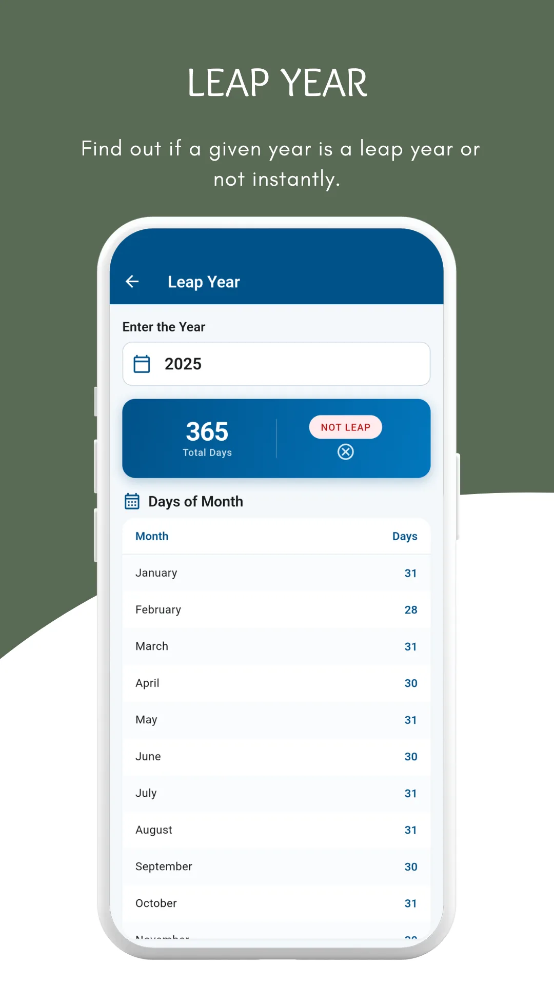 The Leap Year screen with the year 2025 entered, a result card reading 365 total days with a Not Leap badge, and a Days of Month table listing January 31, February 28, March 31, April 30 and the remaining months