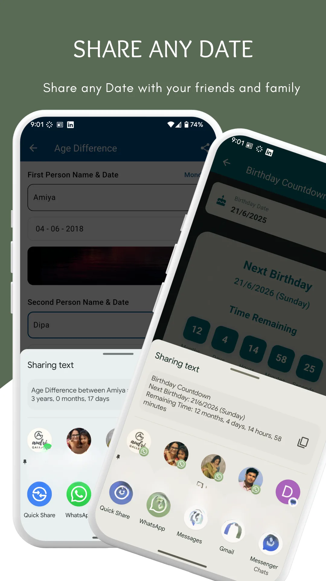 Two screens showing the Android share sheet: an Age Difference result and a Birthday Countdown result, each with a Sharing text preview of the formatted message and a row of share targets including Quick Share, WhatsApp, Messages, Messenger and Gmail