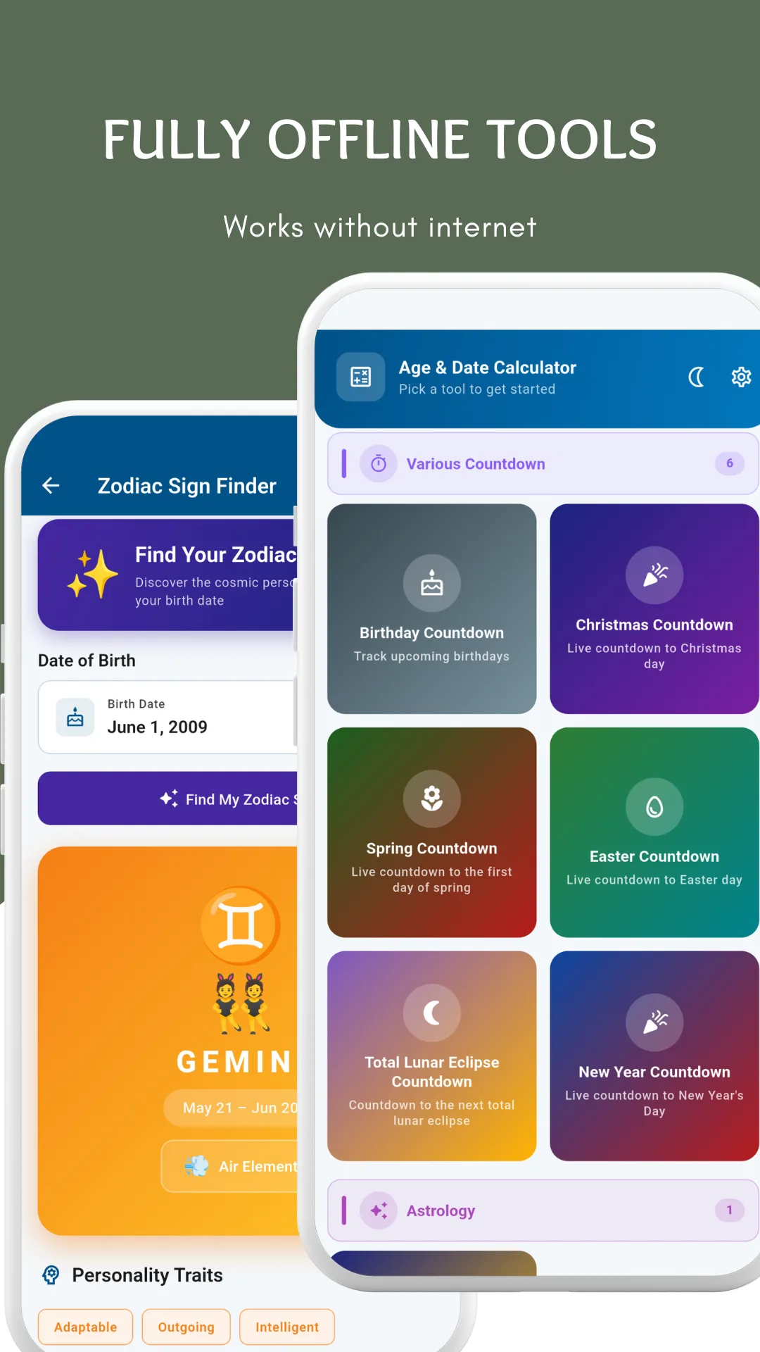 Under the caption Fully Offline Tools, works without internet: the Zodiac Sign Finder screen beside the Various Countdowns tab listing Birthday Countdown, Christmas Countdown, Spring Countdown, Easter Countdown, Total Lunar Eclipse Countdown and New Year Countdown, with an Astrology tab below