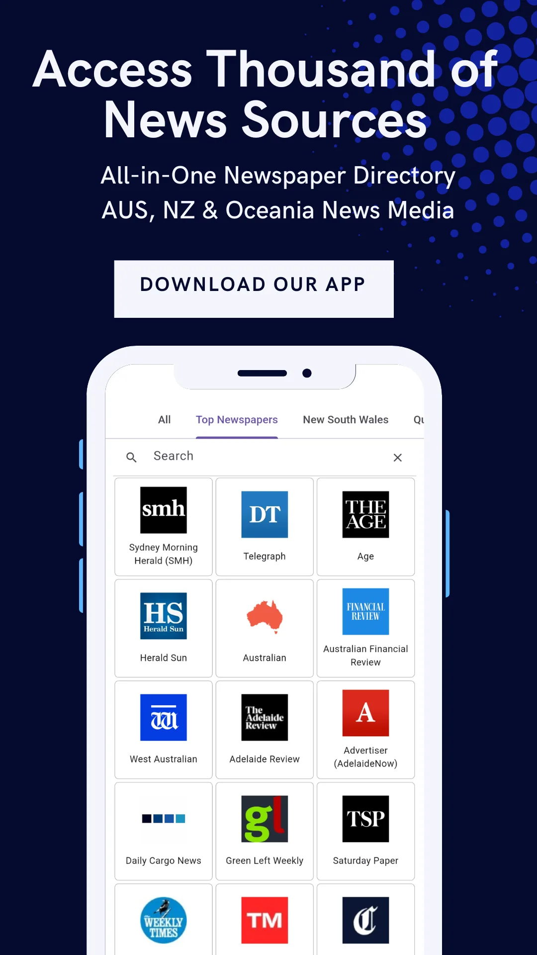 Grid of Australian, New Zealand and Oceania newspaper logos in the app, captioned Access Thousand of News Sources — All-in-One Newspaper Directory