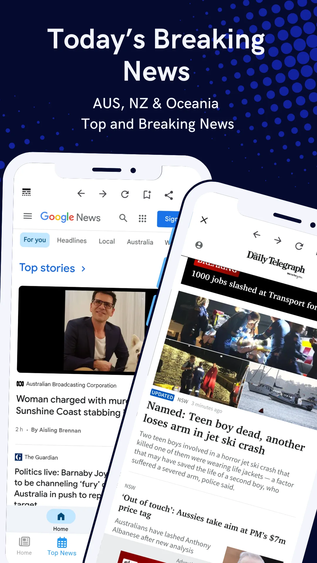 An Australian newspaper front page open in the in-app reader beside a headline list, captioned Today's Breaking News