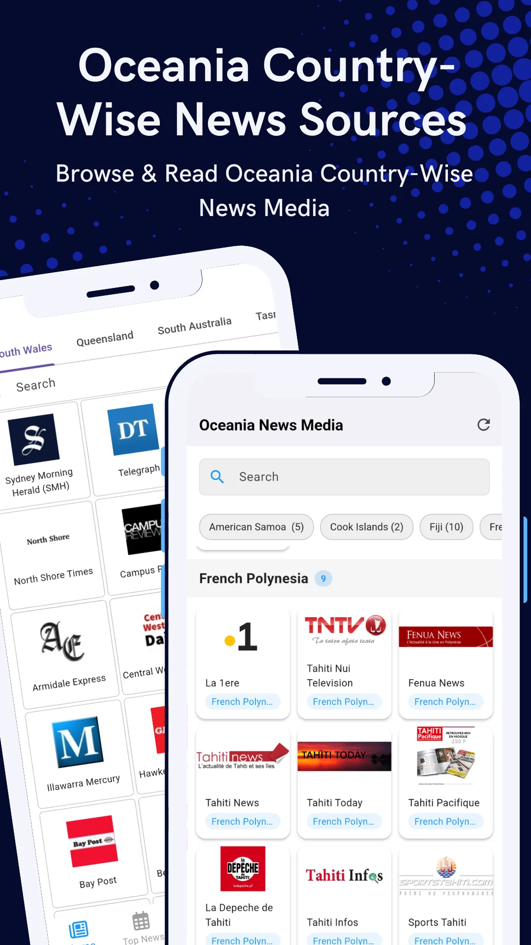 Oceania country list in the app with a French Polynesia section open, showing per-country source counts and Pacific news media logos