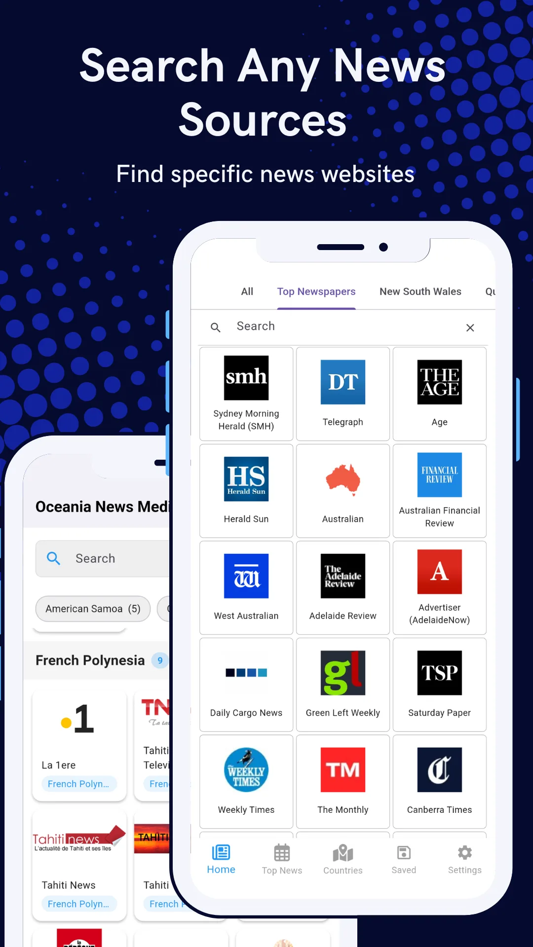 Search screen finding a specific news website by name among Oceania news media logos