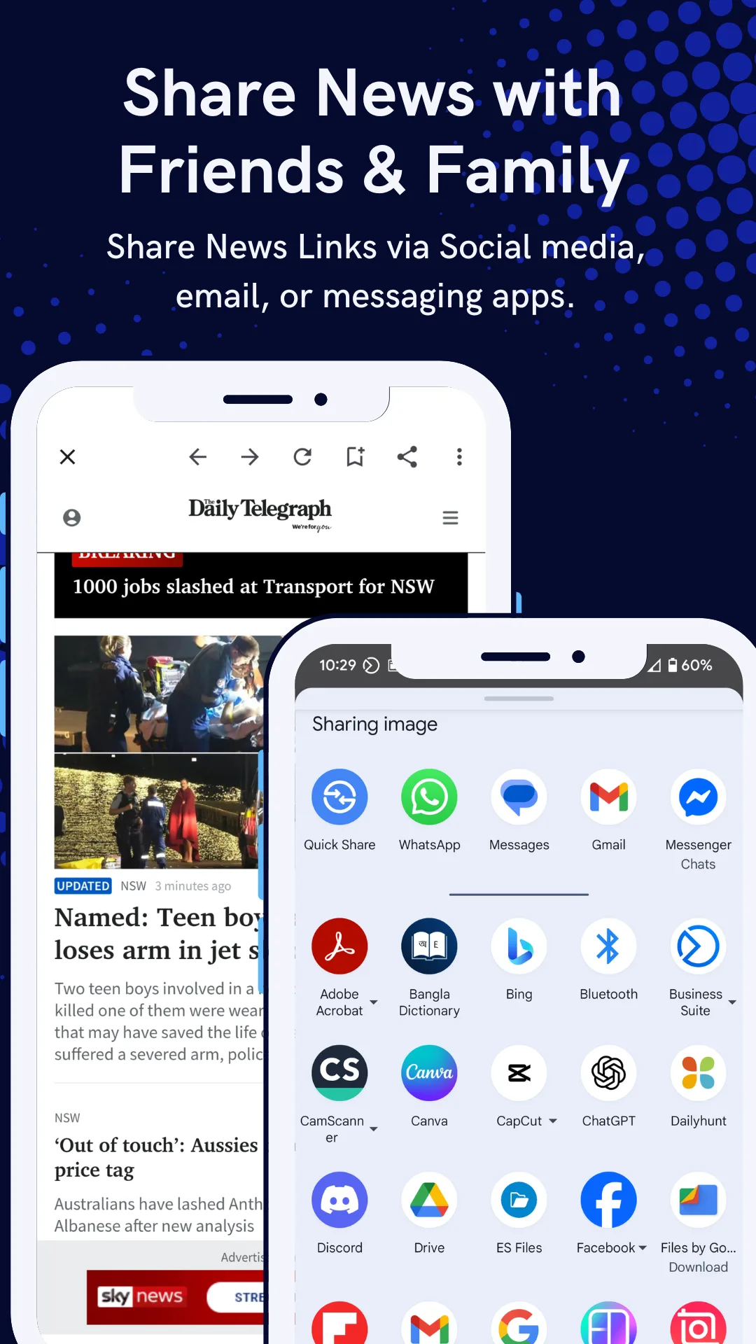 Android share sheet open over an Australian news story showing messaging, email and social app targets