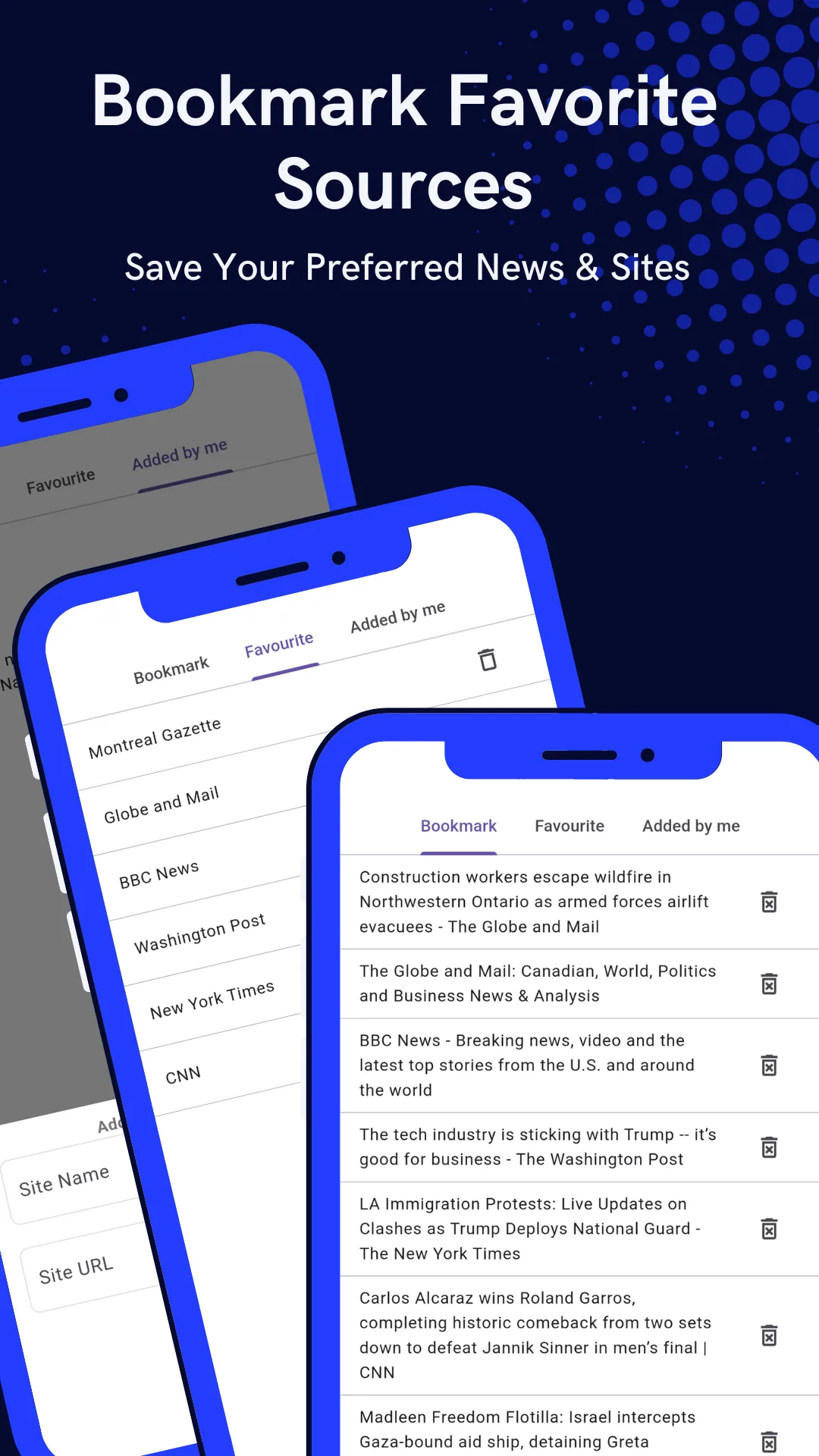 Bookmarks screen listing saved newspapers and articles in the app