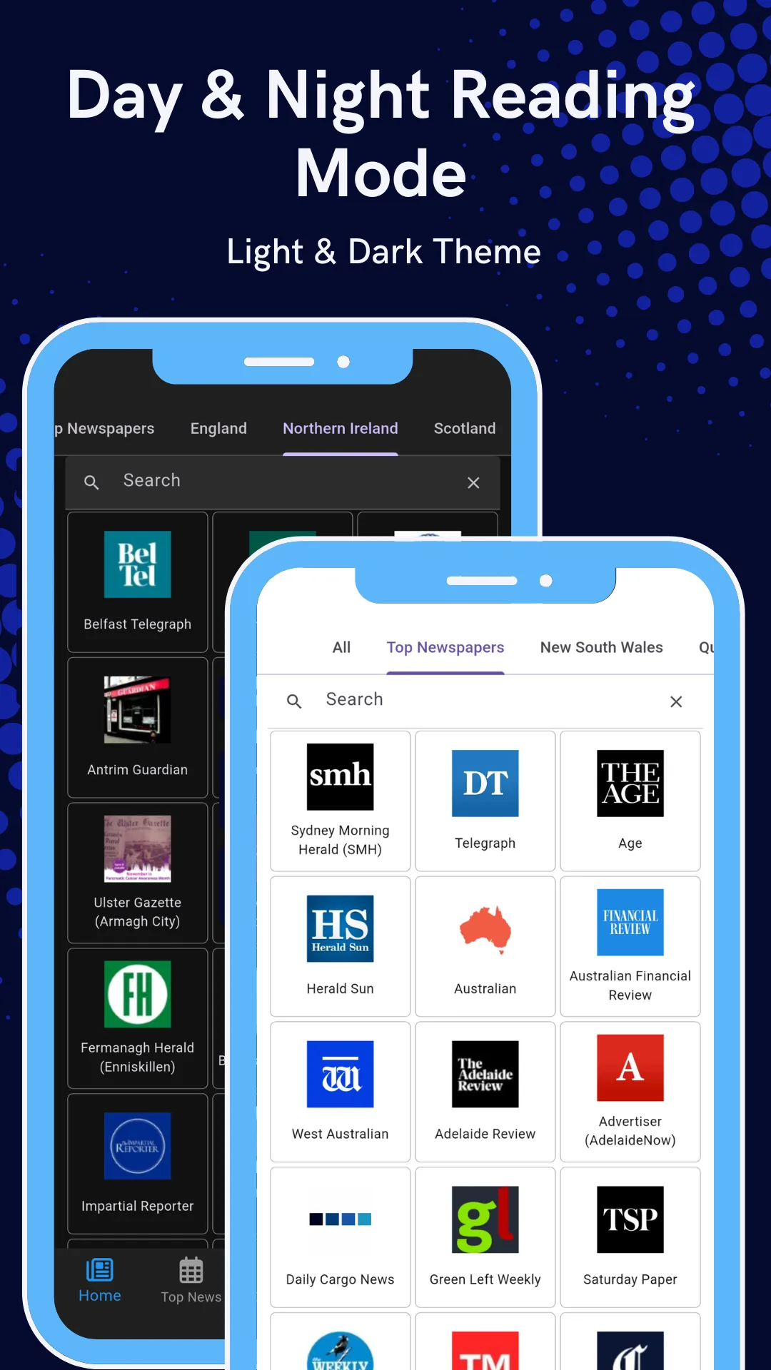 The same newspaper logo grid shown side by side in the app's light theme and dark theme