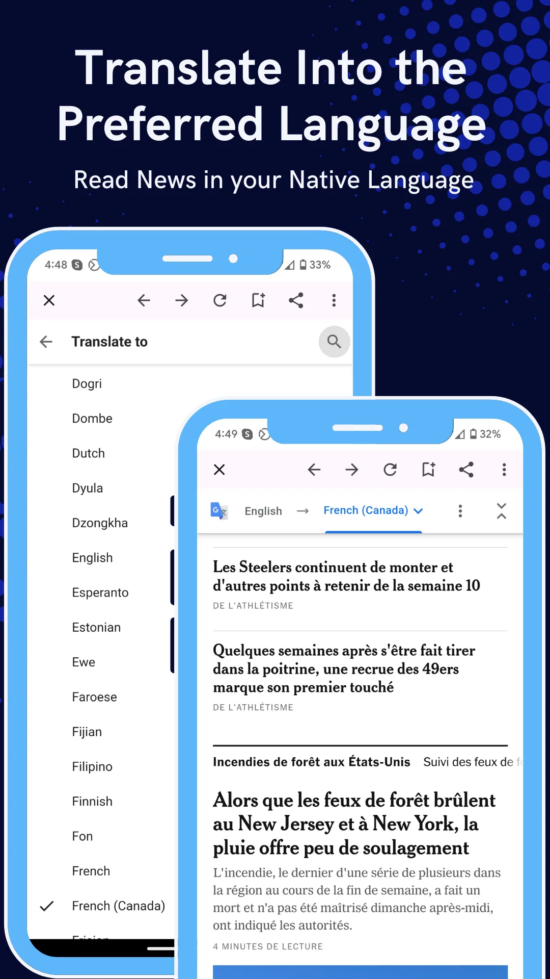 A browser Translate to language picker open over an English-language sports news page, demonstrating the app's built-in page translation