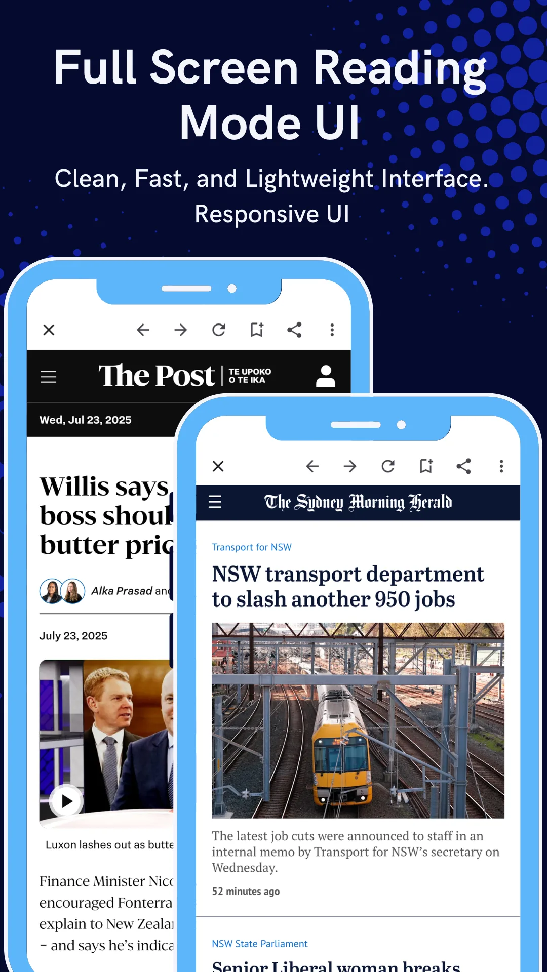 An Australian newspaper front page filling the screen in the app's full-screen reading mode