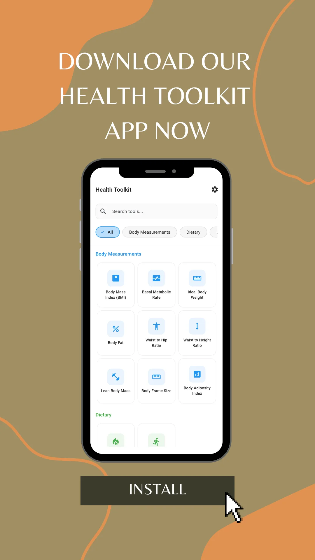 A store promotion graphic on an olive and orange ground reading Download our Health Toolkit app now, with a phone showing the home screen grid of body measurement calculators and an install button beneath it