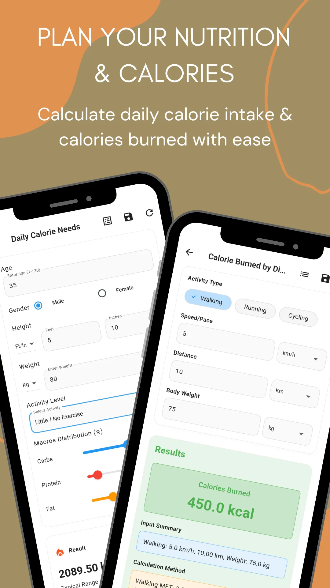 The Daily Calorie Needs screen with age, gender, height in feet and inches, weight in kilograms, an activity level dropdown set to little or no exercise, macro distribution sliders for carbohydrate, protein and fat, and a result of 2089.50 calories. Beside it the Calorie Burned by Distance screen with walking, running and cycling activity types, speed, distance and body weight, returning 450.0 kcal with the walking MET value it used