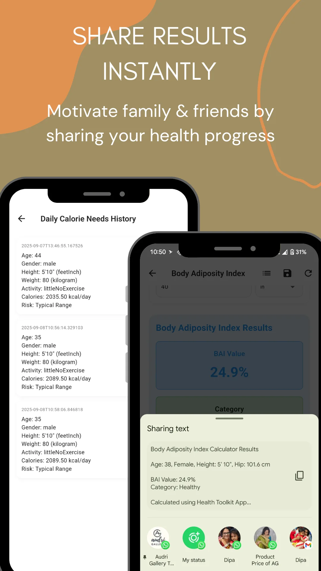 The Daily Calorie Needs history listing saved entries with age, gender, height, weight, activity level and calories per day. Beside it a Body Adiposity Index result of 24.9 percent, with the Android share sheet open over it carrying the result as formatted text including age, gender, height, hip measurement, BAI value and category