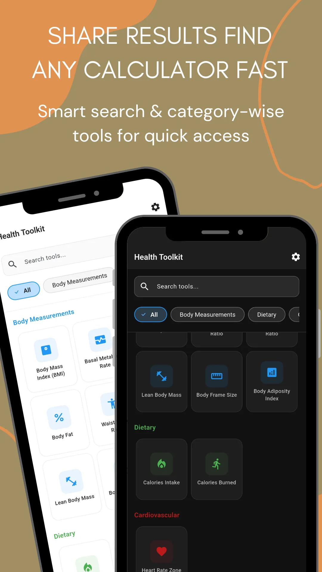 The home screen in dark mode with a search box and All, Body Measurements and Dietary filter chips, showing Lean Body Mass, Body Frame Size and Body Adiposity Index in the body measurements grid, a Dietary group with Calories Intake and Calories Burned, and a Cardiovascular group with Heart Rate Zone