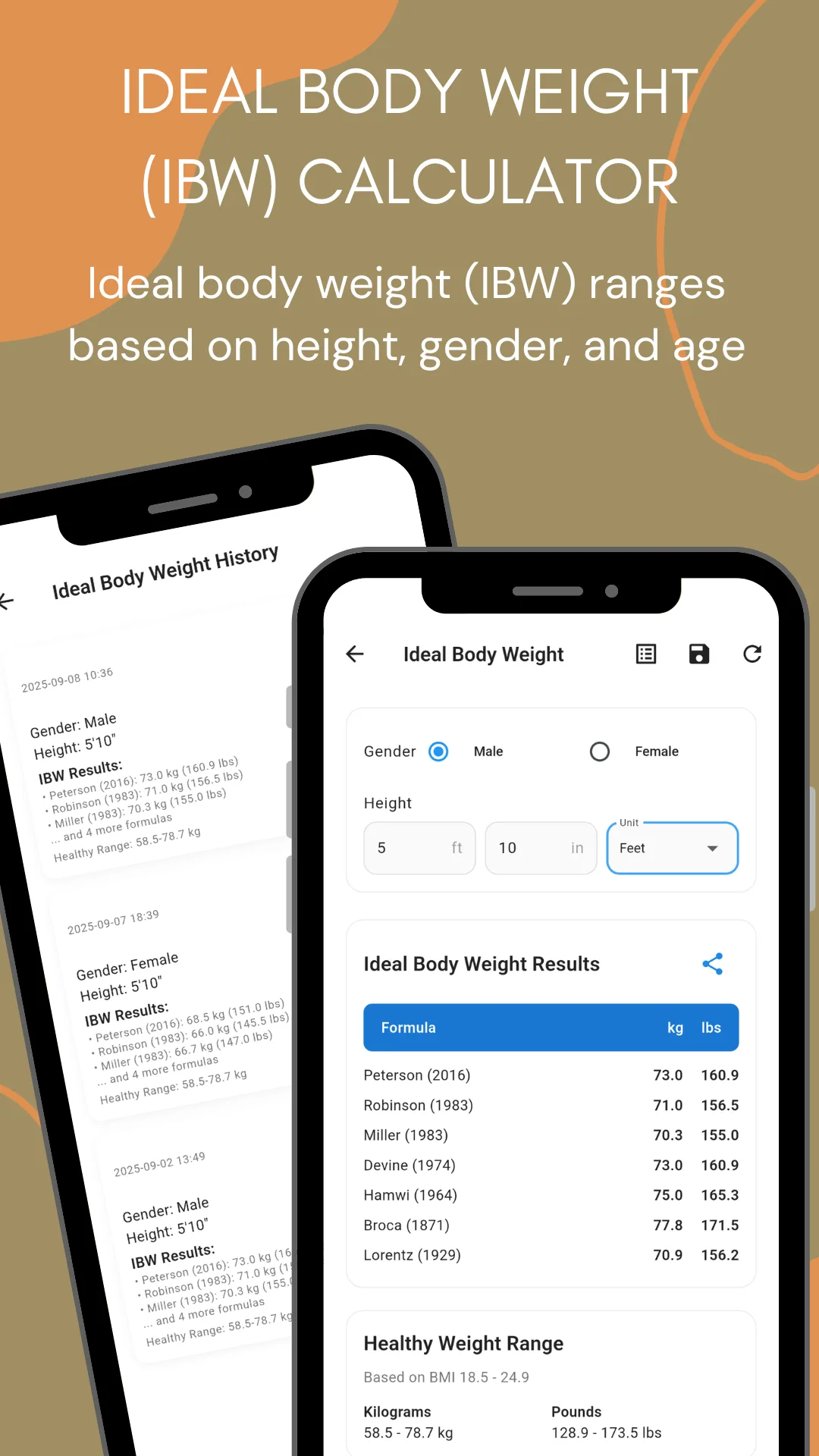 The Ideal Body Weight calculator with gender and height inputs, returning a results table of seven formulas — Peterson 2016, Robinson 1983, Miller 1983, Devine 1974, Hamwi 1964, Broca 1871 and Lorentz 1929 — each with a value in kilograms and pounds, above a healthy weight range based on BMI 18.5 to 24.9 shown as 58.9 to 76.7 kg and 129.9 to 170.9 lbs. A second phone shows the saved ideal body weight history