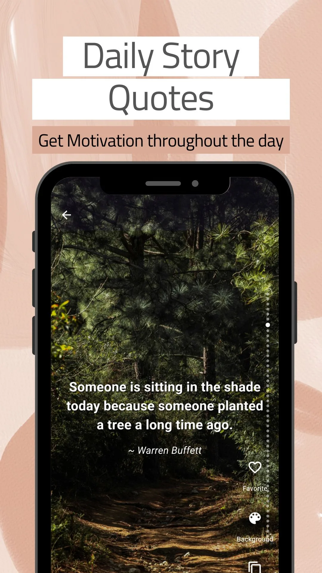 A full-screen quote from Warren Buffett reading that someone is sitting in the shade today because someone planted a tree a long time ago, set over a photograph of a forest path, with story progress dots along the edge