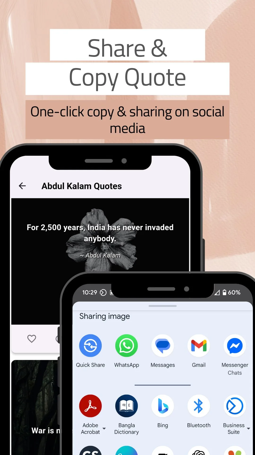 An Abdul Kalam quote screen with the Android share sheet open over it, offering Quick Share, WhatsApp, Messages, Gmail, Messenger and other installed apps