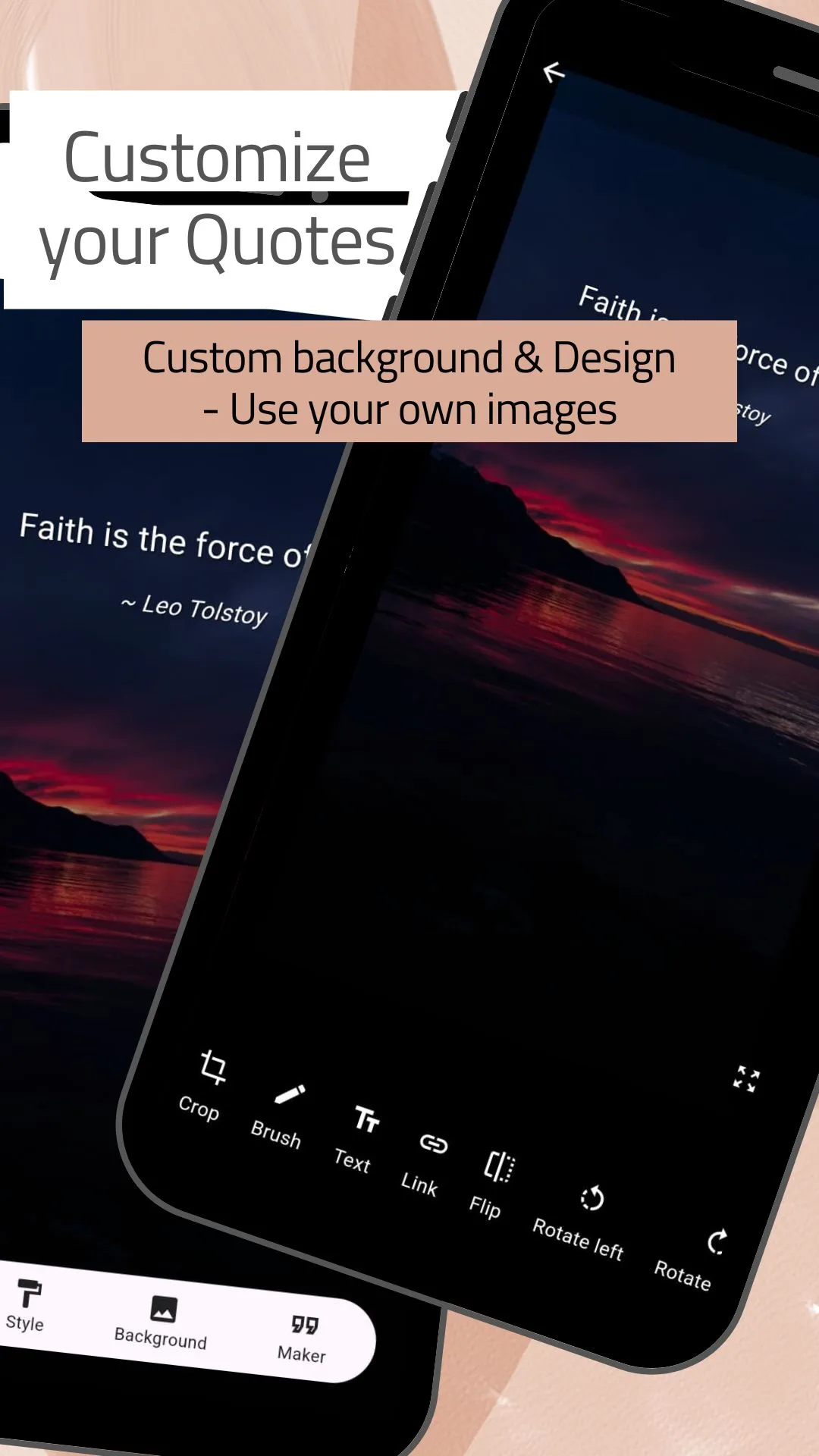 The image customisation view with a quote over a red sunset photograph and a toolbar offering crop, brush, text, link, flip, rotate left and rotate, above tabs for Style, Background and Maker
