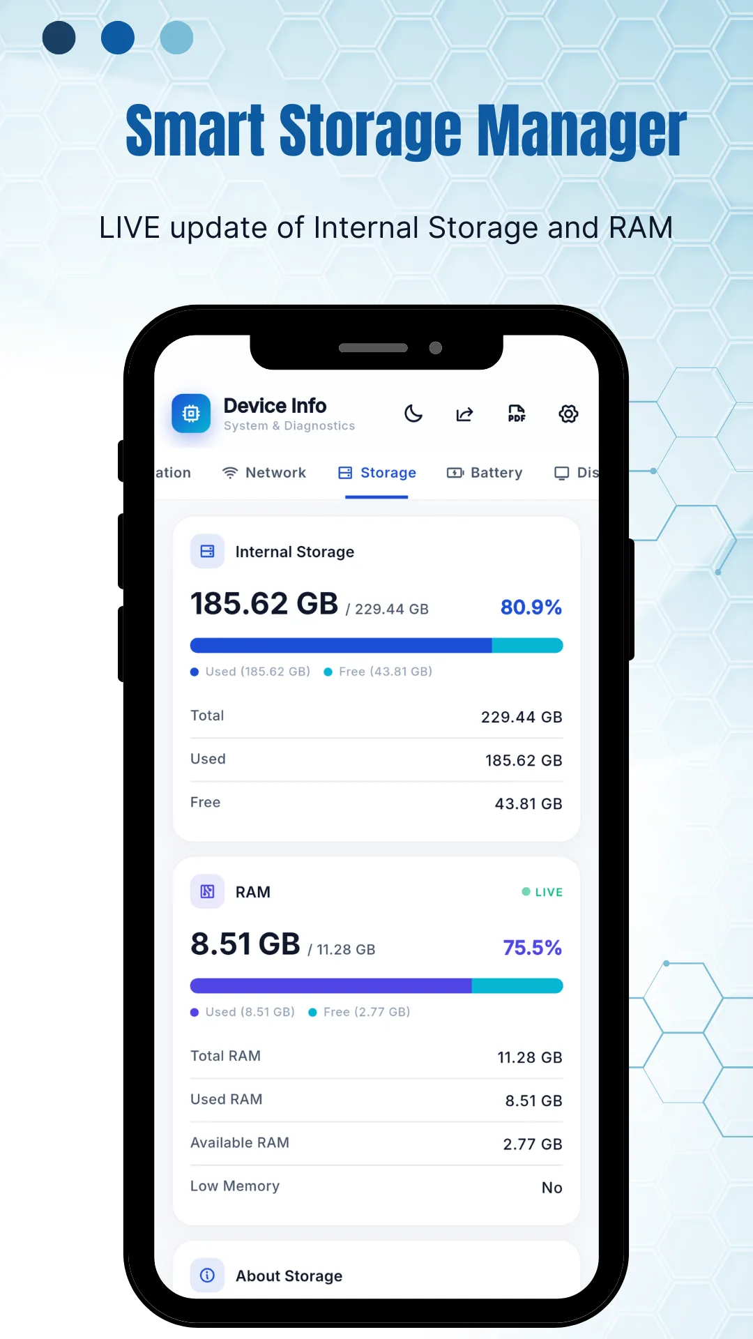 The Storage tab headed Smart Storage Manager, with the subtitle LIVE update of internal storage and RAM, showing internal storage of 185.62 gigabytes used of 229.44 gigabytes at 80.9 percent with 43.81 gigabytes free, and RAM of 8.51 gigabytes used of 11.28 gigabytes at 75.5 percent with 2.77 gigabytes available and low memory marked No