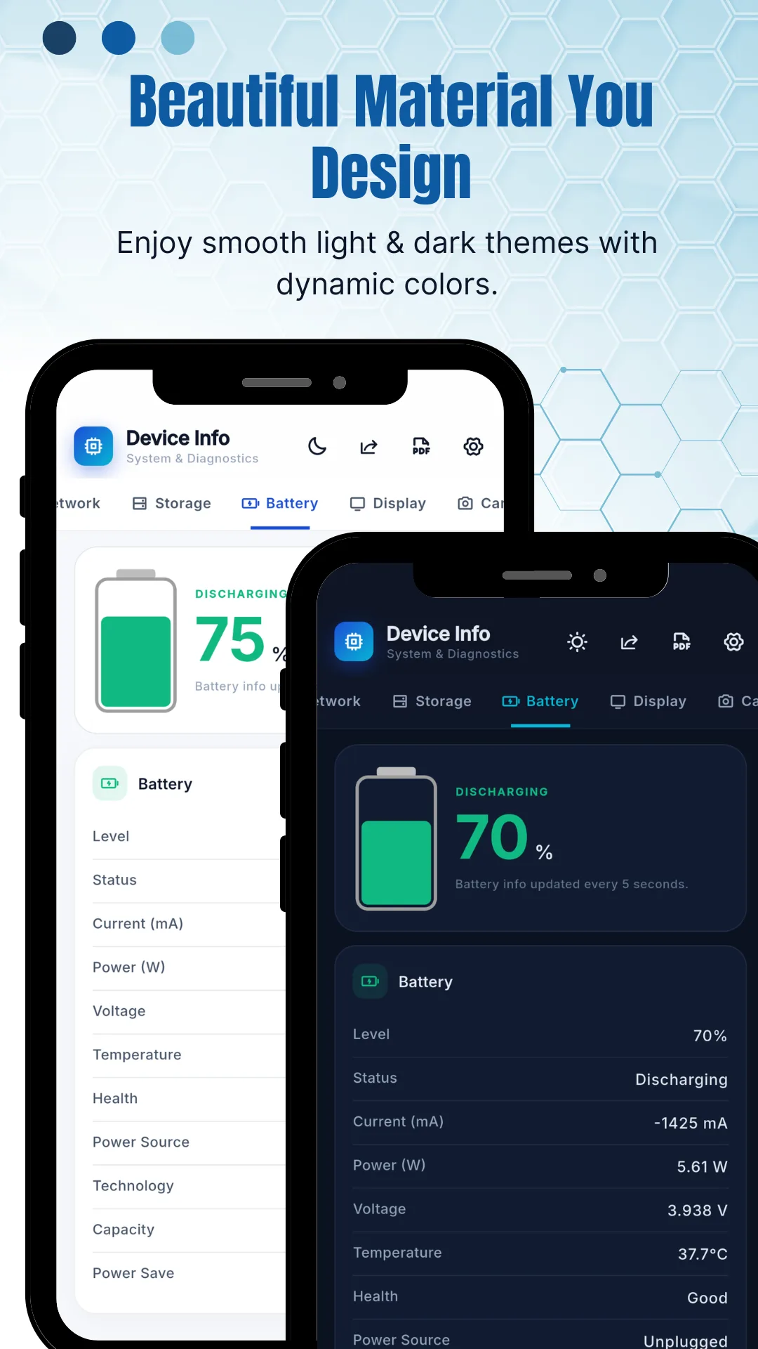 A screen headed Beautiful Material You Design with the subtitle enjoy smooth light and dark themes with dynamic colors, showing the app rendered in both a light and a dark theme