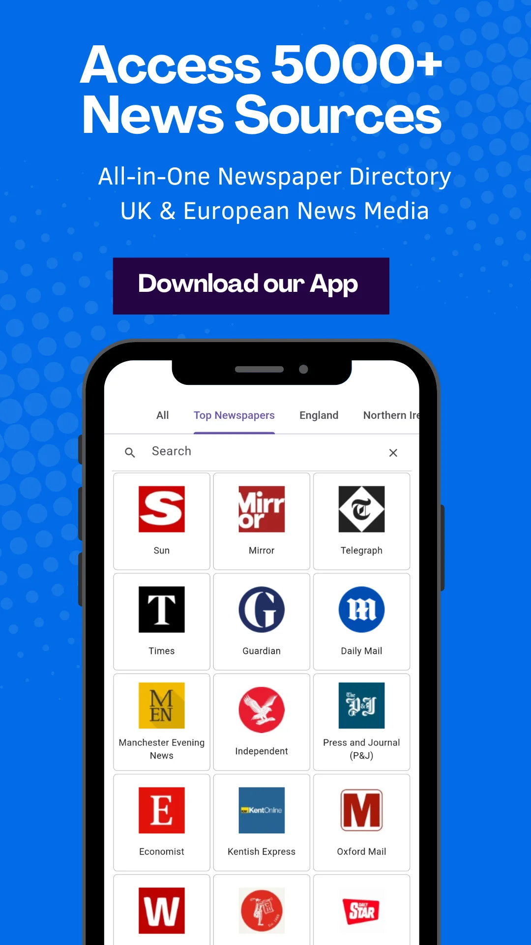 Grid of UK and European newspaper logos in the European Newspapers & UK News app, captioned Access 5000+ News Sources — All-in-One Newspaper Directory