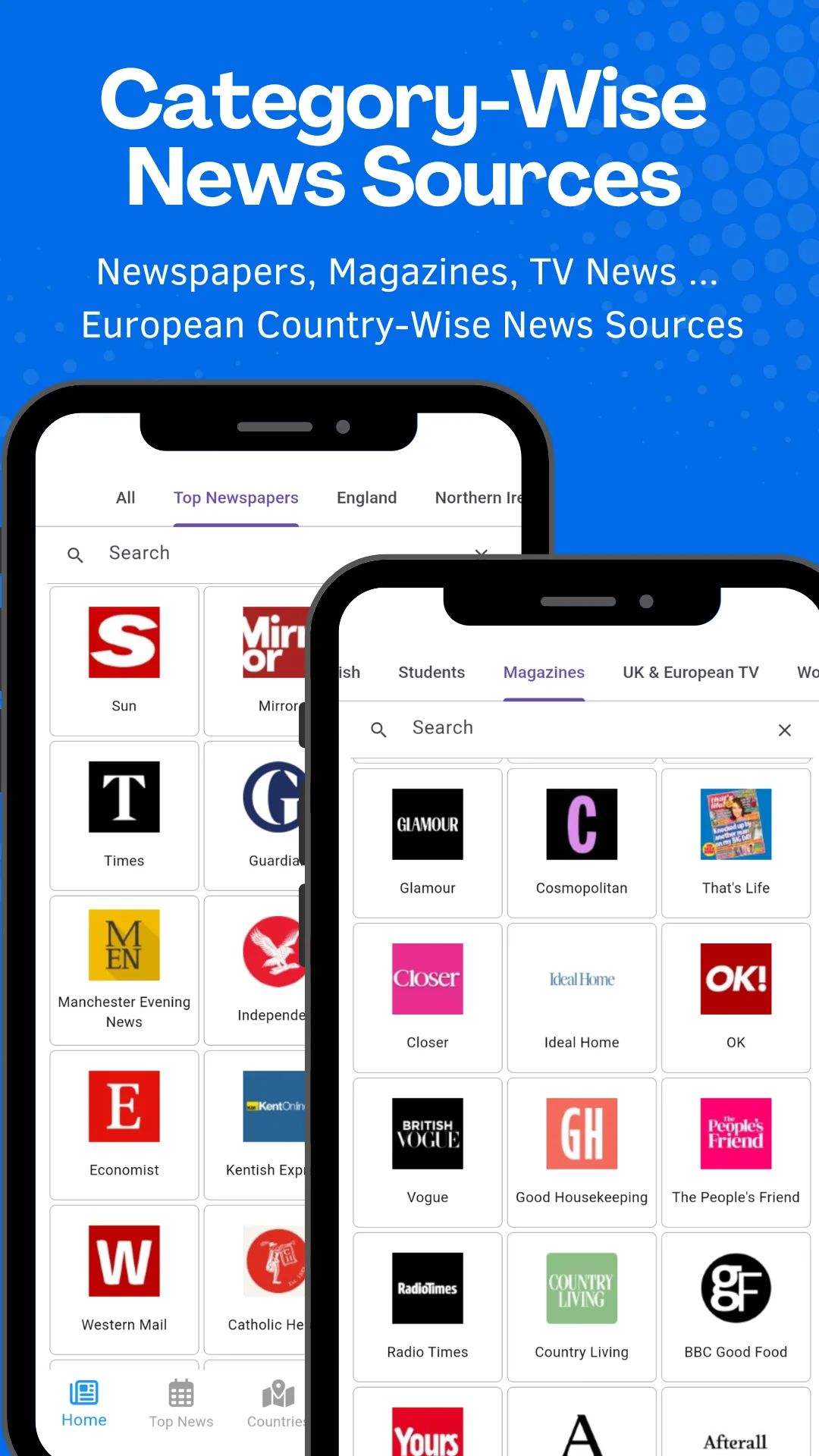 Category tabs for newspapers, magazines and TV news above a grid of European publication logos