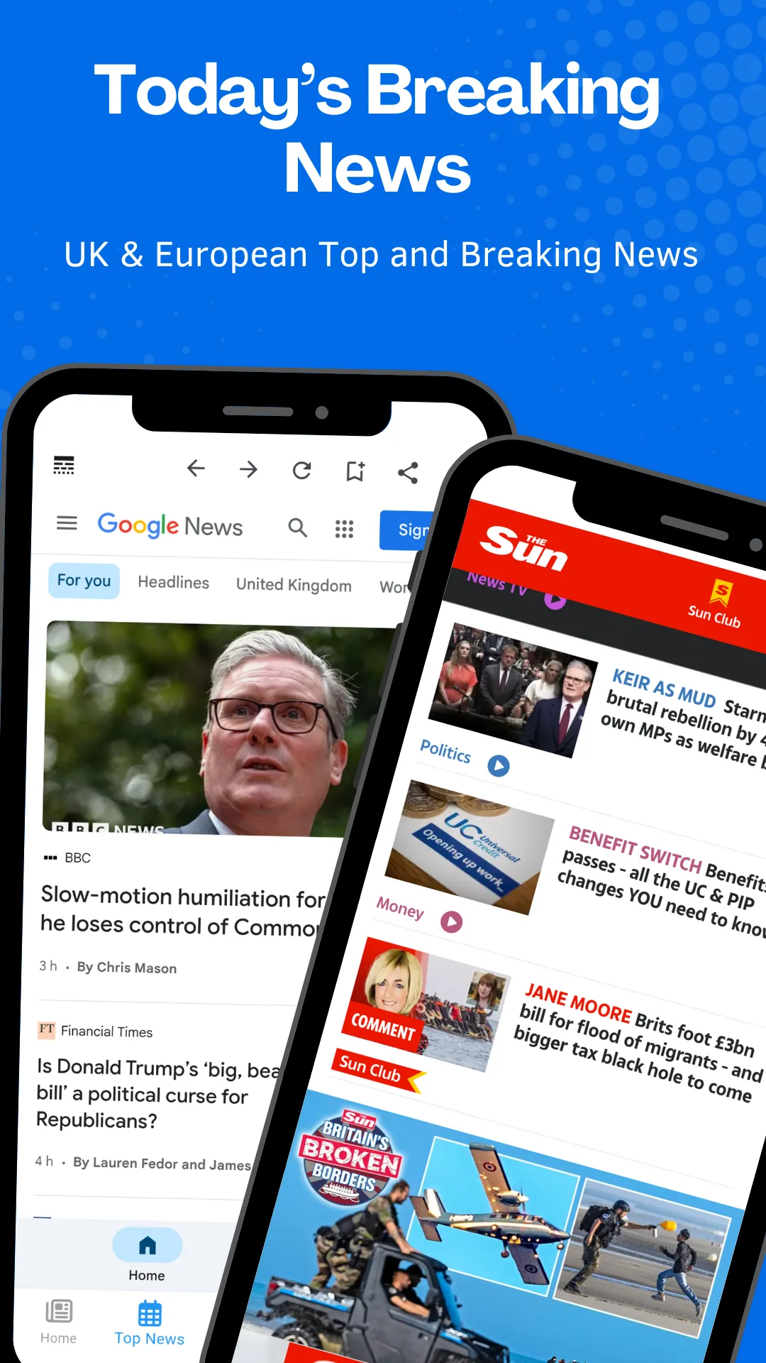 A UK newspaper front page open in the in-app reader beside a headline list, captioned Today's Breaking News