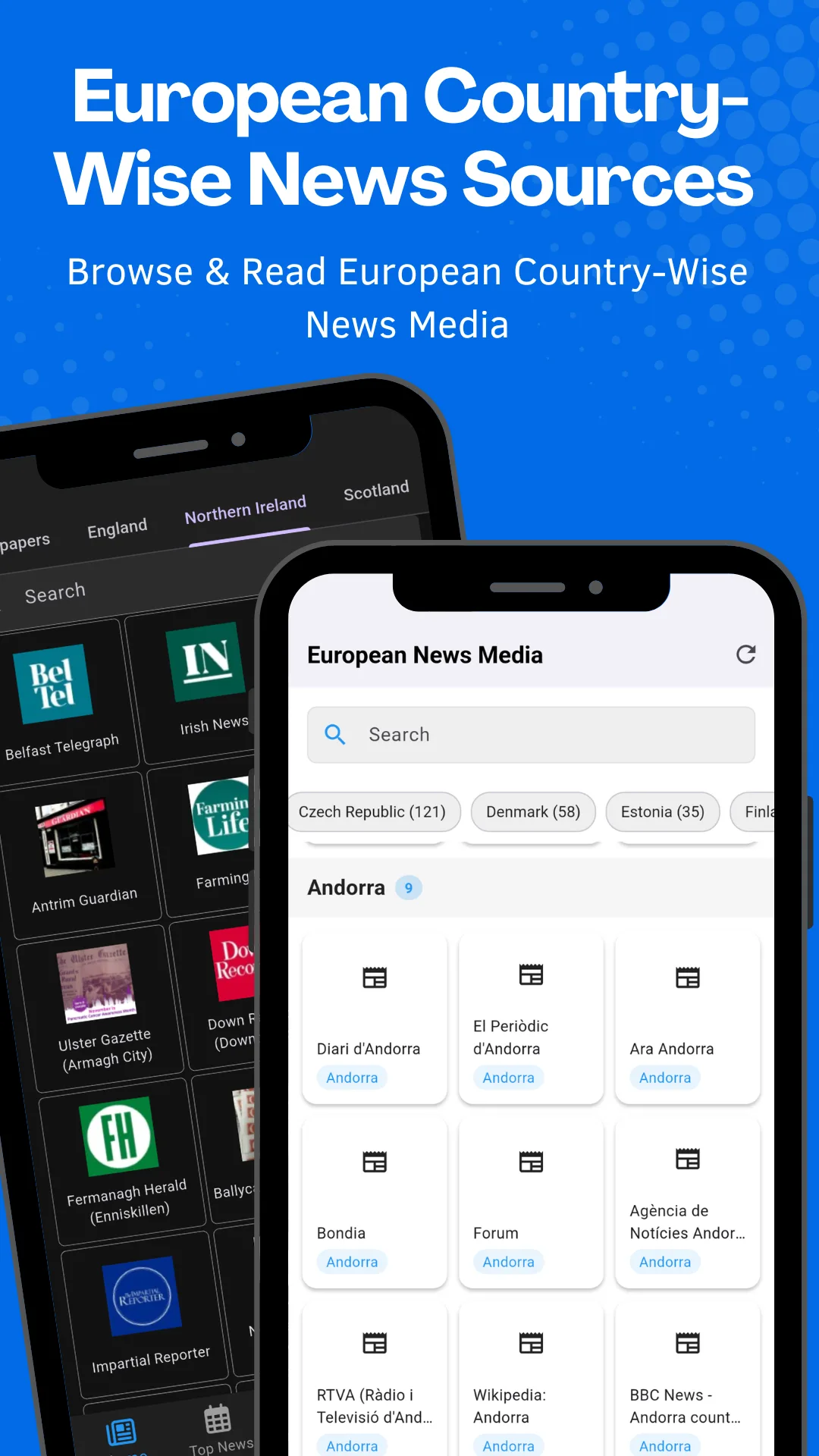 European country list in the app with a search box, each country opening its own news media
