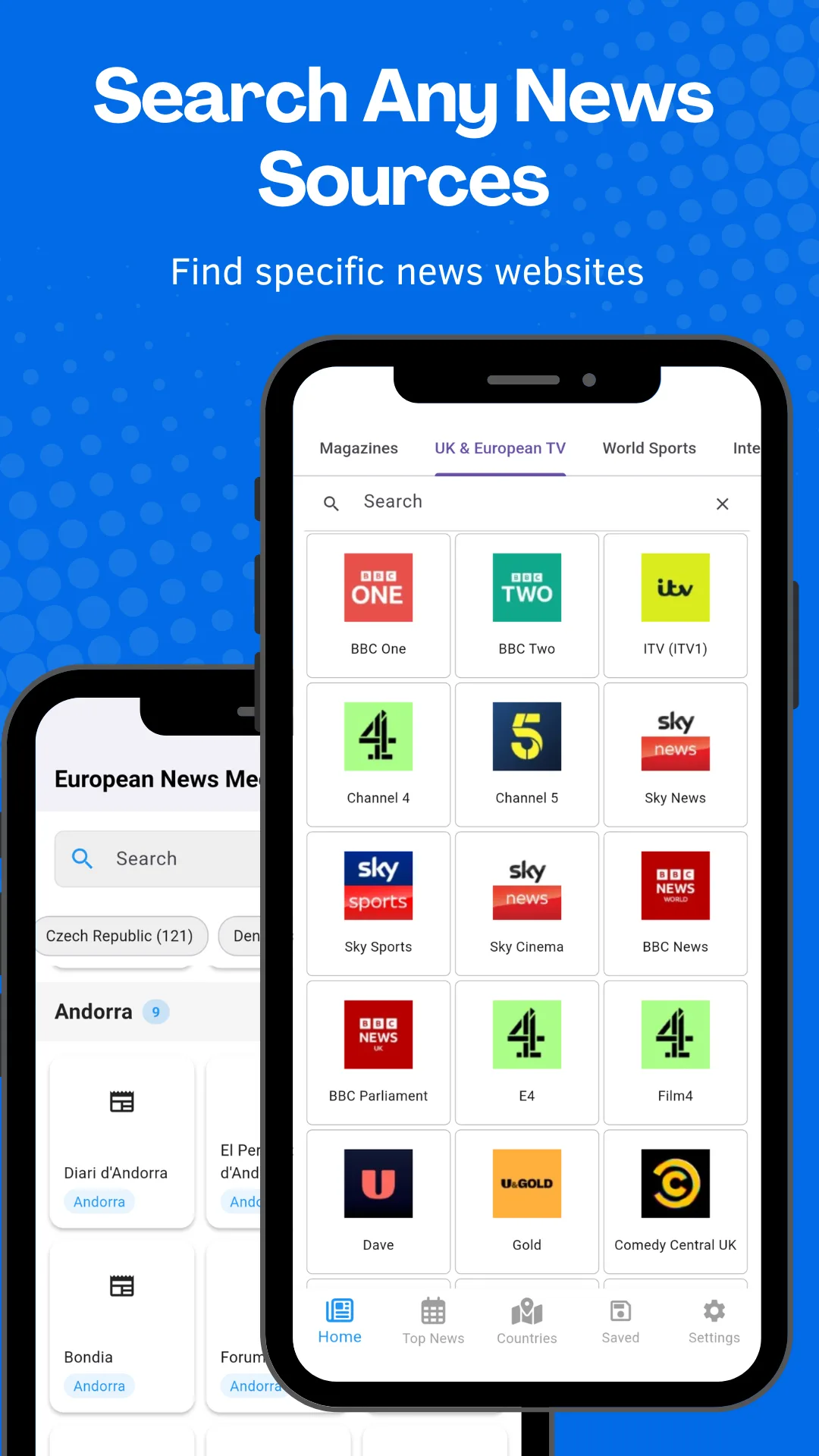 Search screen finding a specific newspaper by name among European news media logos