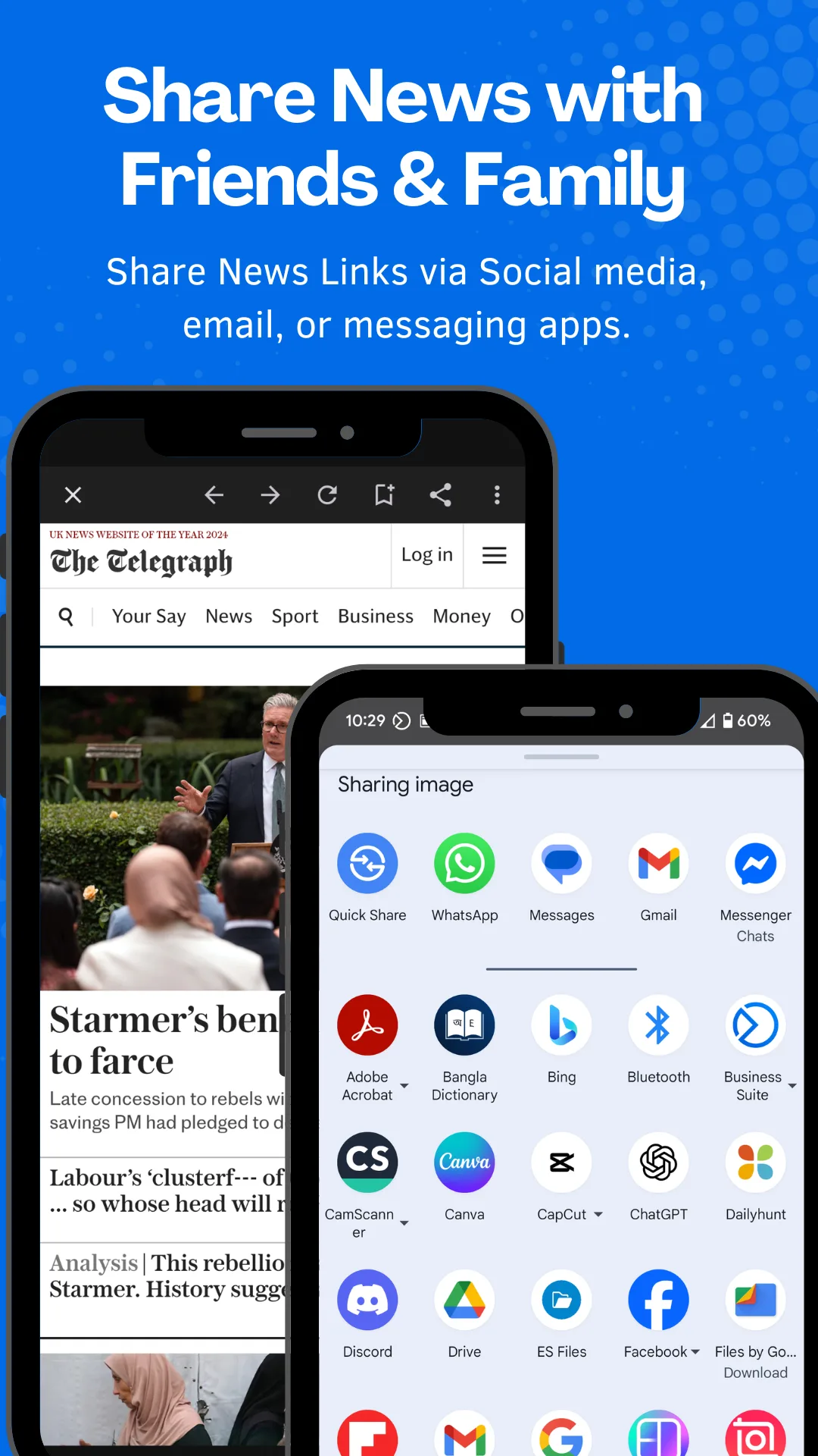Android share sheet open over a UK news story showing messaging, email and social app targets