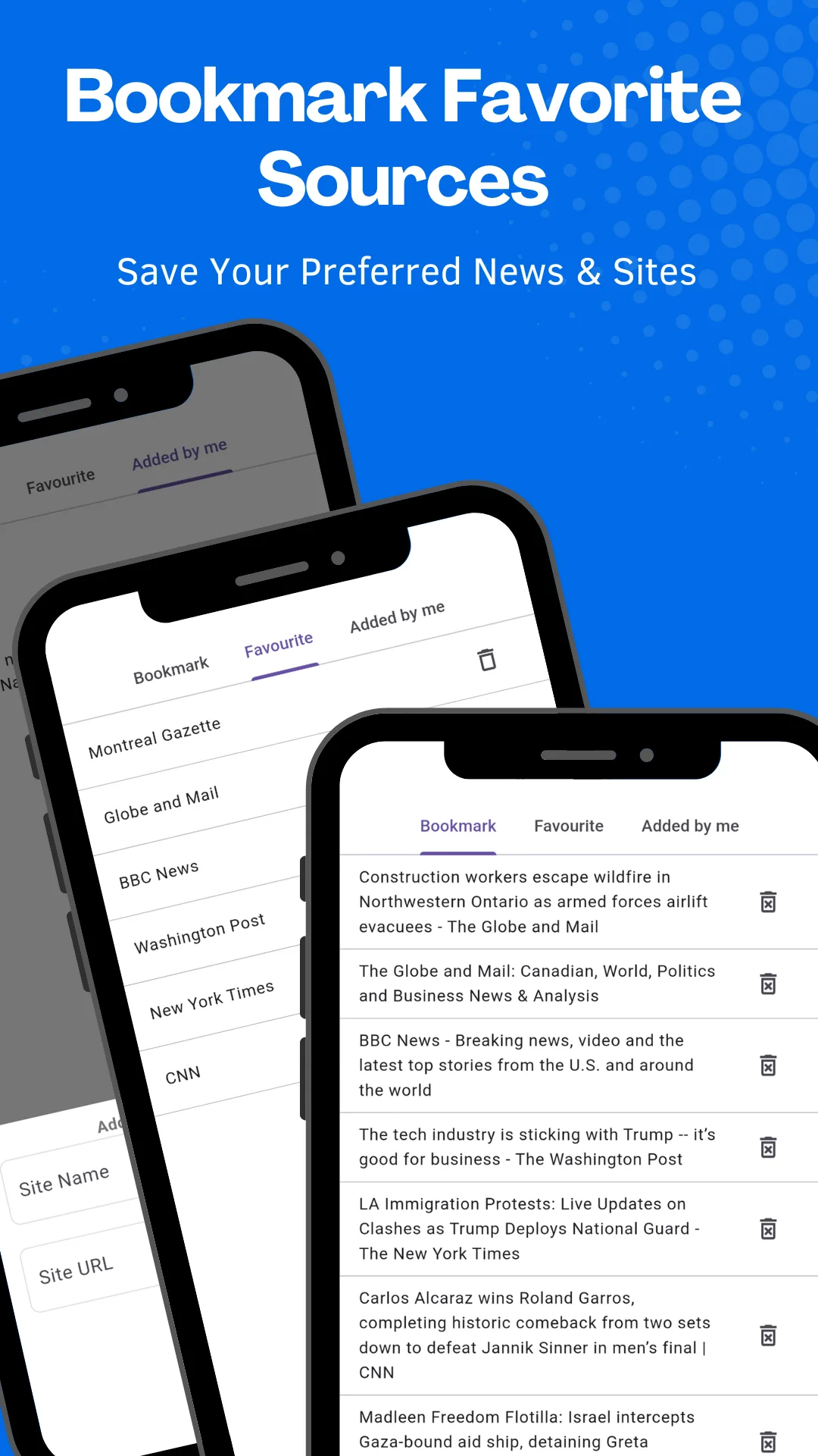 Bookmarks screen listing saved newspapers and articles with delete icons