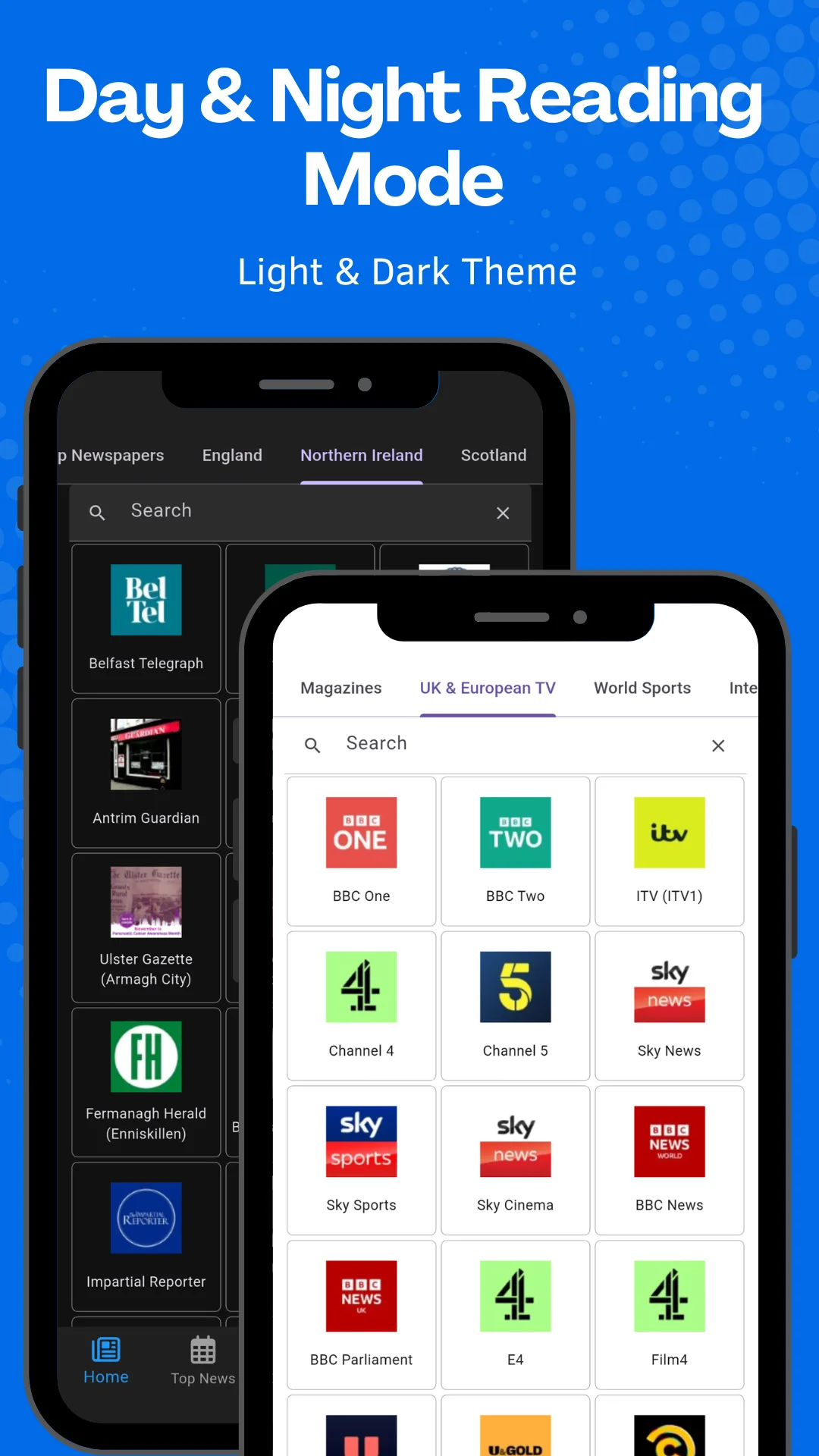 The same newspaper logo grid shown side by side in the app's light theme and dark theme