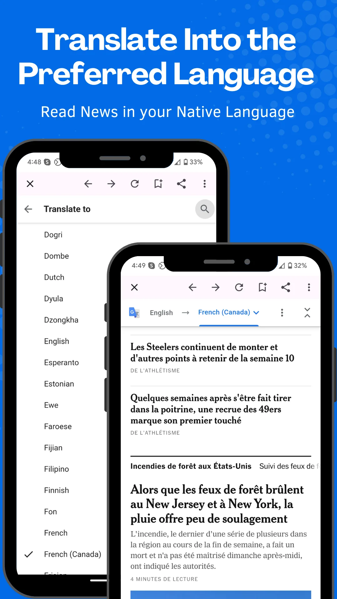 A French-language news page with the in-app translation language picker open beside it