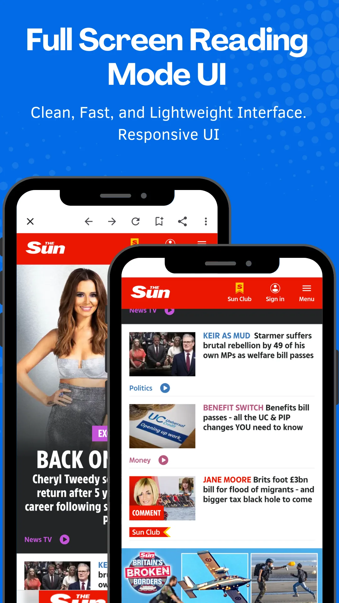 A UK tabloid front page filling the screen in the app's full-screen reading mode
