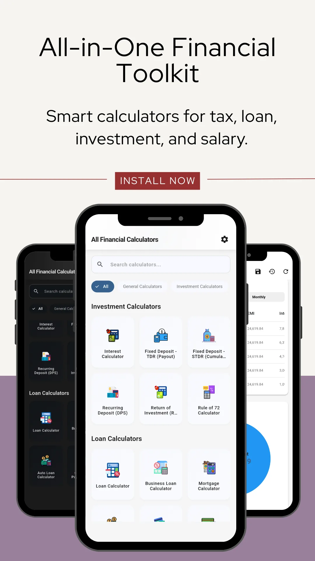 The Financial Calculator home screen on three phones, headed All Financial Calculators with a search box and All, General Calculators and Investment Calculators tabs, showing an Investment Calculators grid of Interest Calculator, Fixed Deposit TDR Payout, Fixed Deposit STDR Cumulative, Recurring Deposit DPS, Return of Investment and Rule of 72, above a Loan Calculators grid of Loan Calculator, Business Loan Calculator and Mortgage Calculator