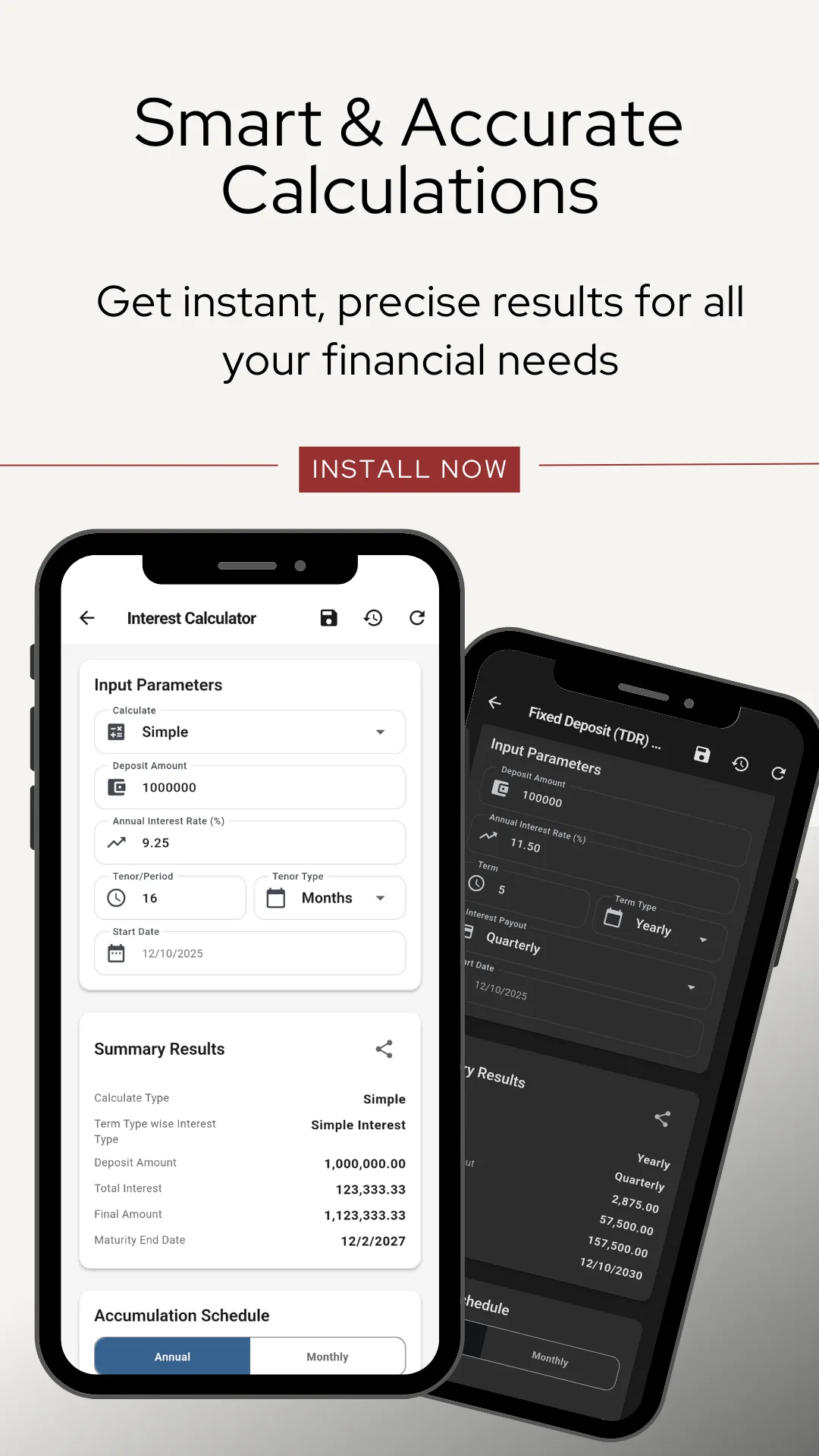 The Interest Calculator showing Input Parameters with calculation type Simple, a deposit amount, an annual interest rate of 9.25 percent, a term of 16 months and a start date, then Summary Results listing deposit amount 1,000,000.00, total interest 123,333.33, final amount 1,123,333.33 and the maturity end date, above an Accumulation Schedule with annual and monthly tabs
