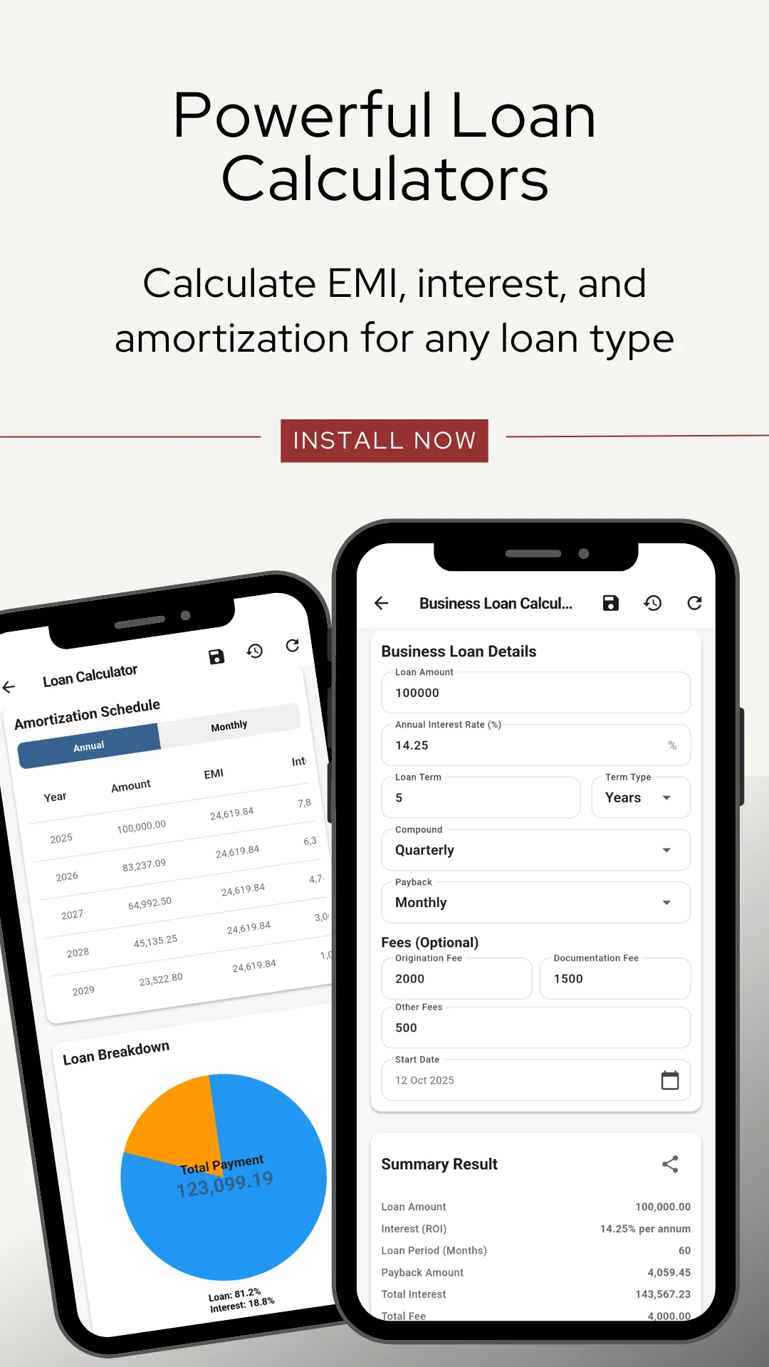 Two loan screens — a Loan Calculator showing an amortization schedule table with year, amount, EMI and interest columns above a loan breakdown pie chart, and a Business Loan Calculator with loan amount, an annual interest rate of 14.29 percent, a five year term, quarterly compounding, monthly payback and optional origination, documentation and other fees