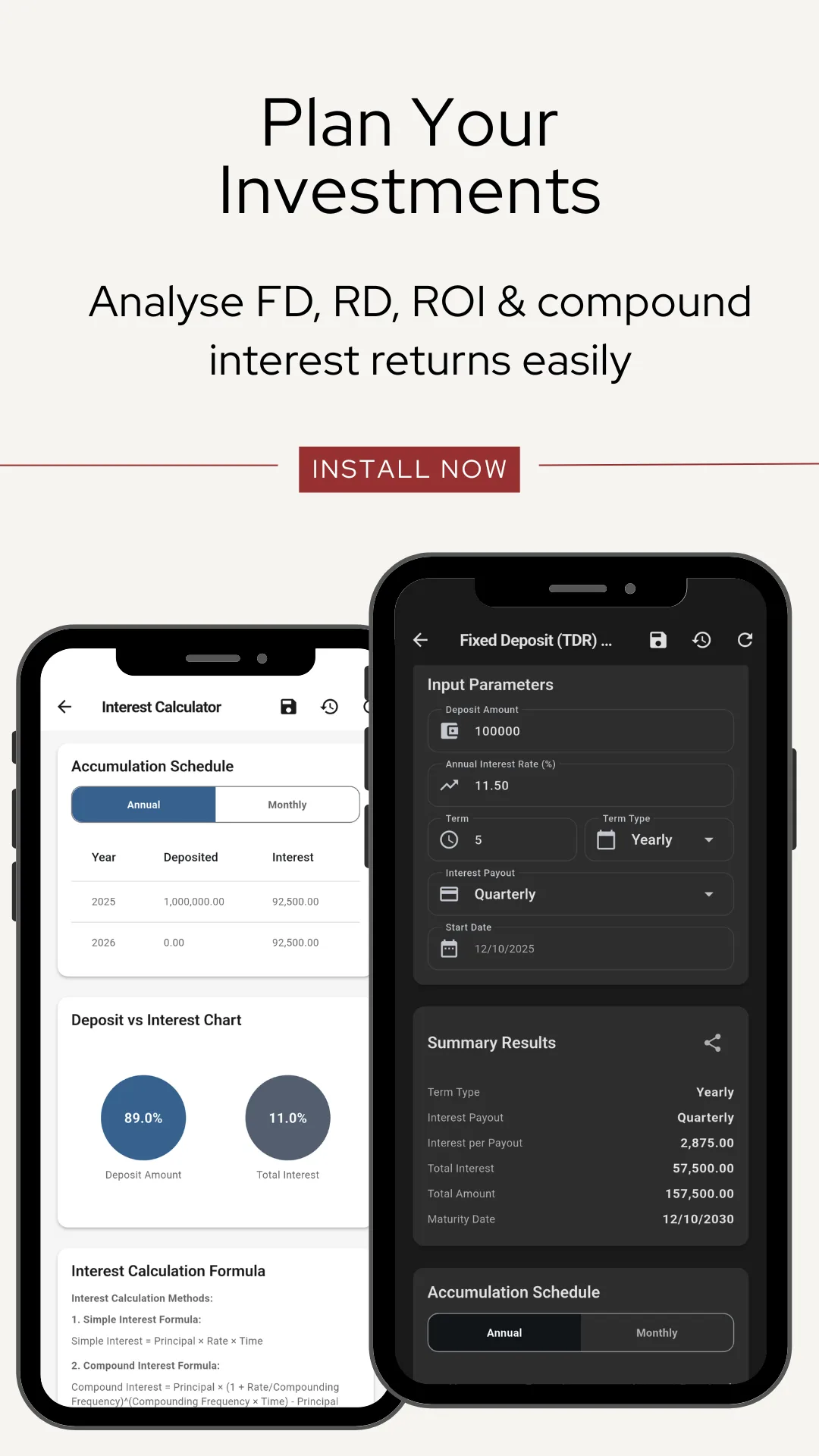 An Interest Calculator accumulation schedule with a deposit versus interest donut chart and an Interest Calculator Formula section setting out the simple and compound interest formulas, beside a dark mode Fixed Deposit TDR screen with an 11.5 percent rate, a five year term, quarterly payout, interest per payout of 2,875.00, total interest of 57,500.00 and a maturity date