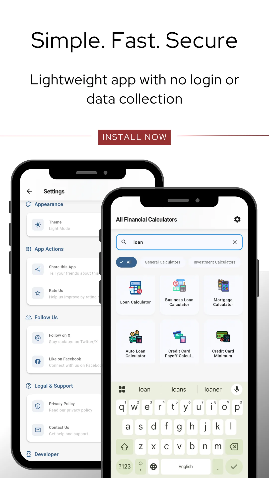 The Settings screen with an appearance theme control, app actions for sharing and rating the app, follow links, and privacy policy and contact entries, beside a search for the word loan inside the app returning Loan Calculator, Business Loan Calculator, Mortgage Calculator, Auto Loan Calculator, Credit Card Payoff Calculator and Credit Card Minimum