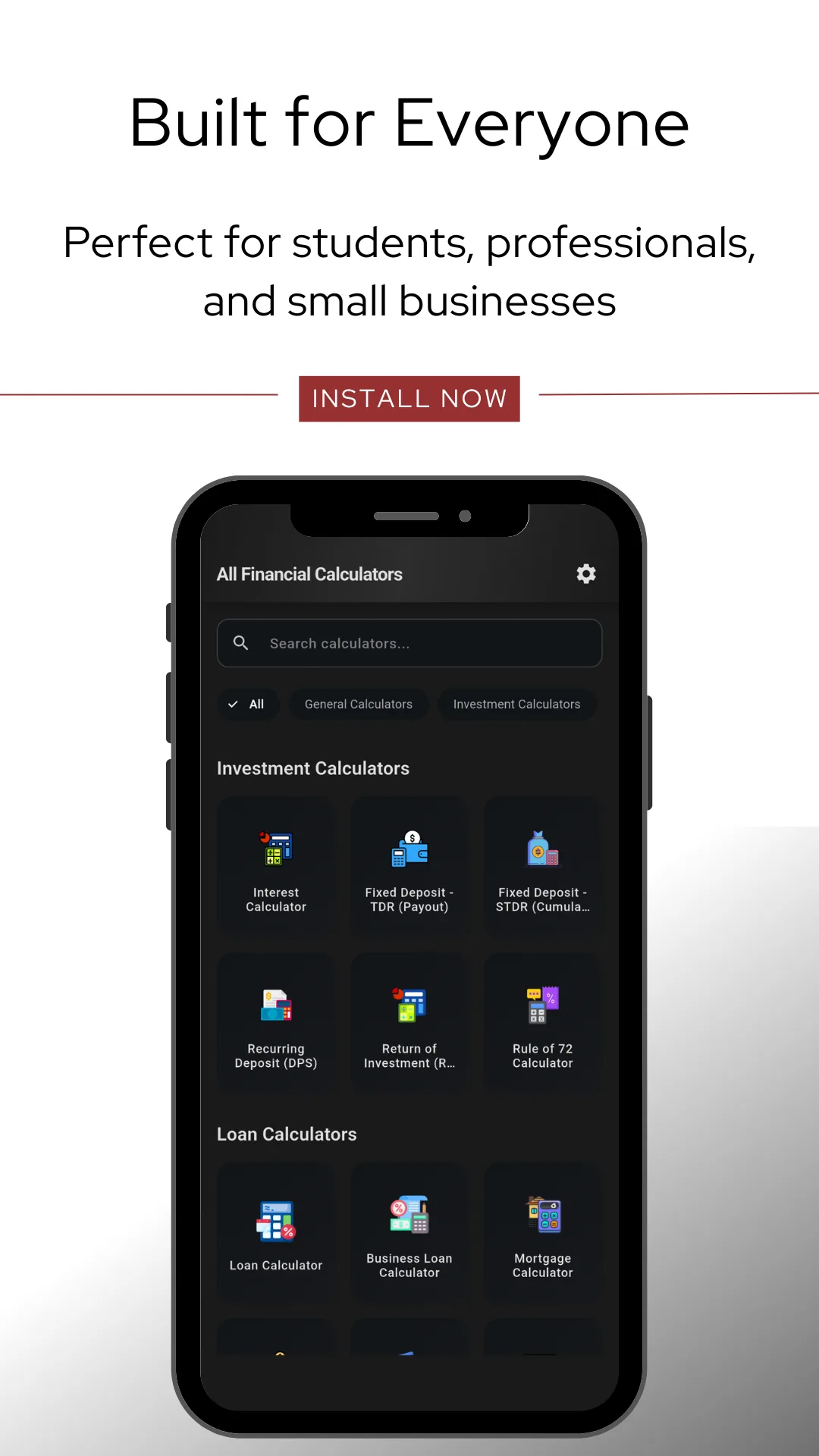 The All Financial Calculators home screen in dark mode, showing the search box, the All, General Calculators and Investment Calculators filter chips, the investment grid of Interest Calculator, Fixed Deposit TDR Payout, Fixed Deposit STDR Cumulative, Recurring Deposit DPS, Return of Investment and Rule of 72, and the start of the loan grid