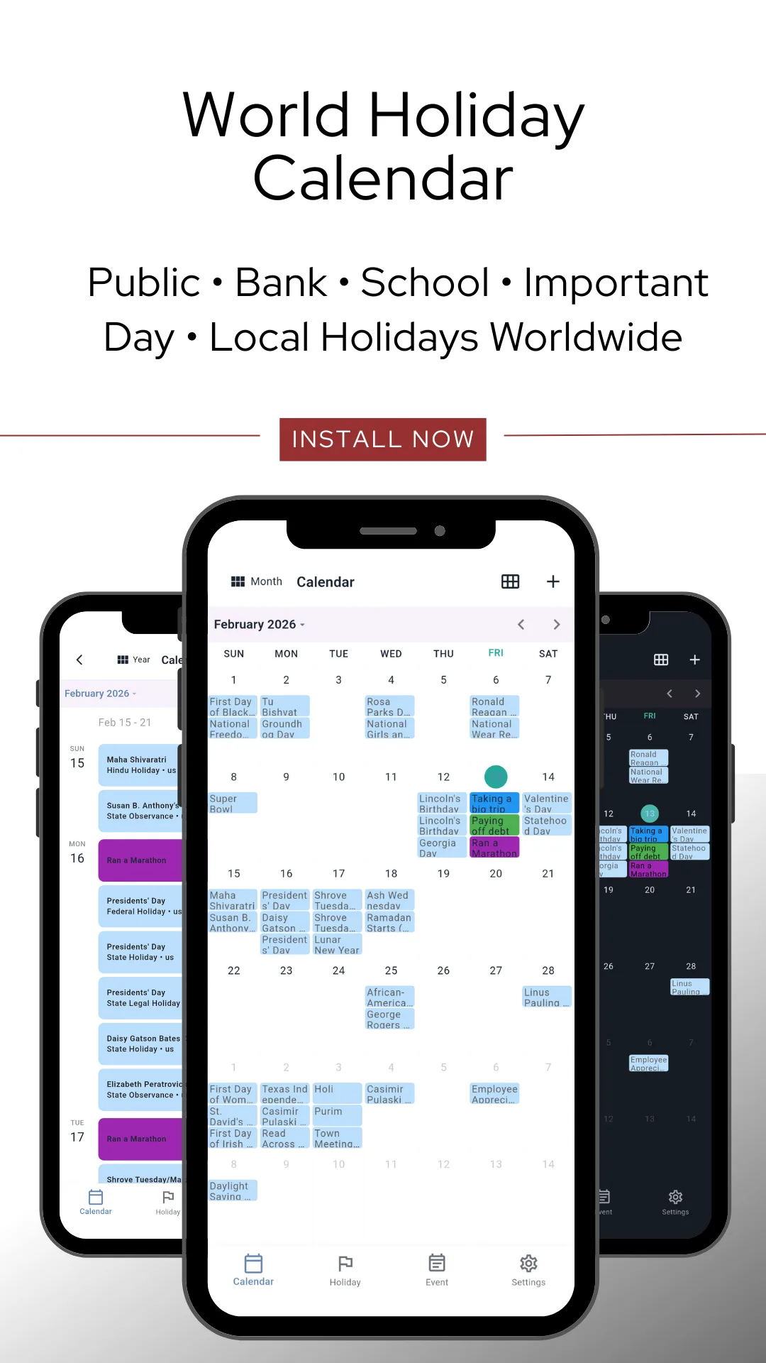 The month calendar for February 2026 shown on two phones, one in light mode and one in dark, with columns for Sunday through Saturday and coloured event chips marking holidays and appointments across the grid