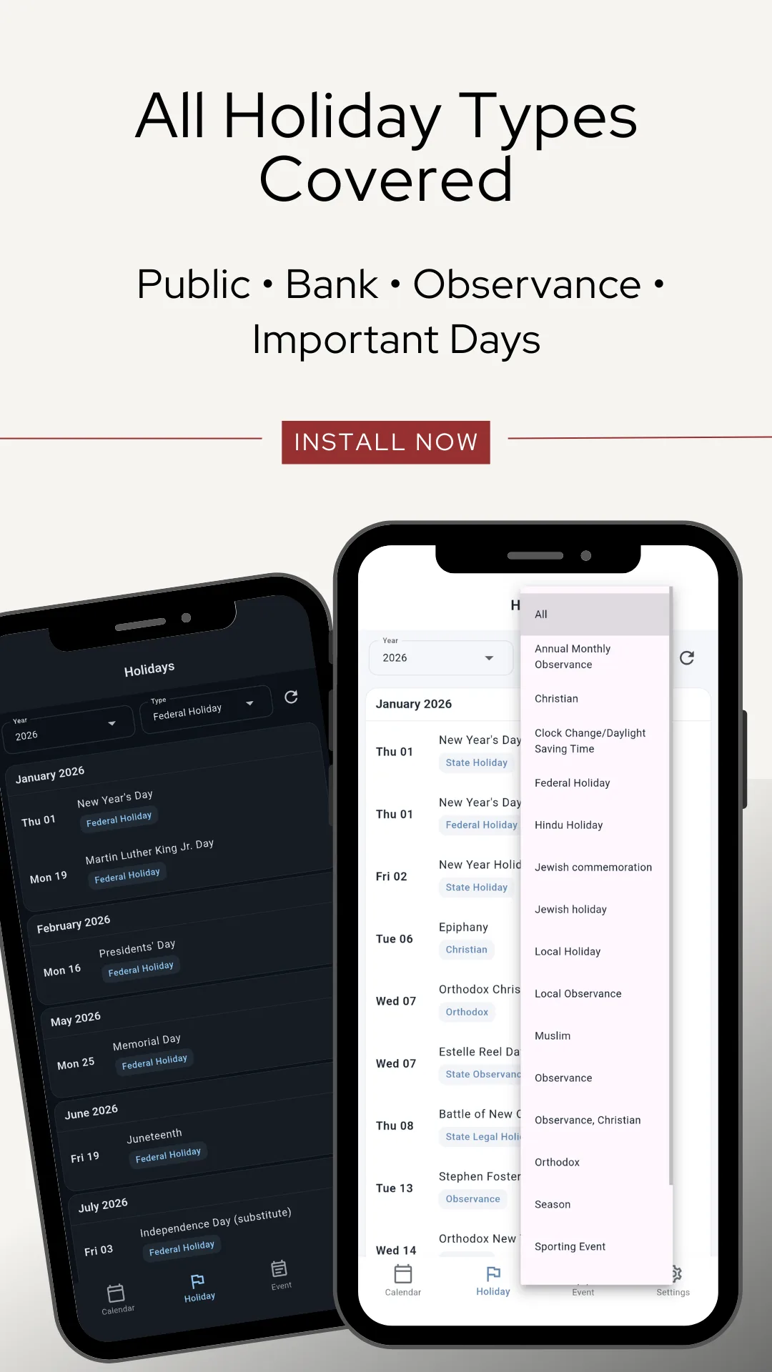 A January 2026 holiday list showing New Year's Day tagged State Holiday and again tagged Federal Holiday, beside an open filter menu listing All, Annual Monthly Observance, Christian, Clock Change and Daylight Saving Time, Federal Holiday, Hindu Holiday, Jewish commemoration and Jewish holiday