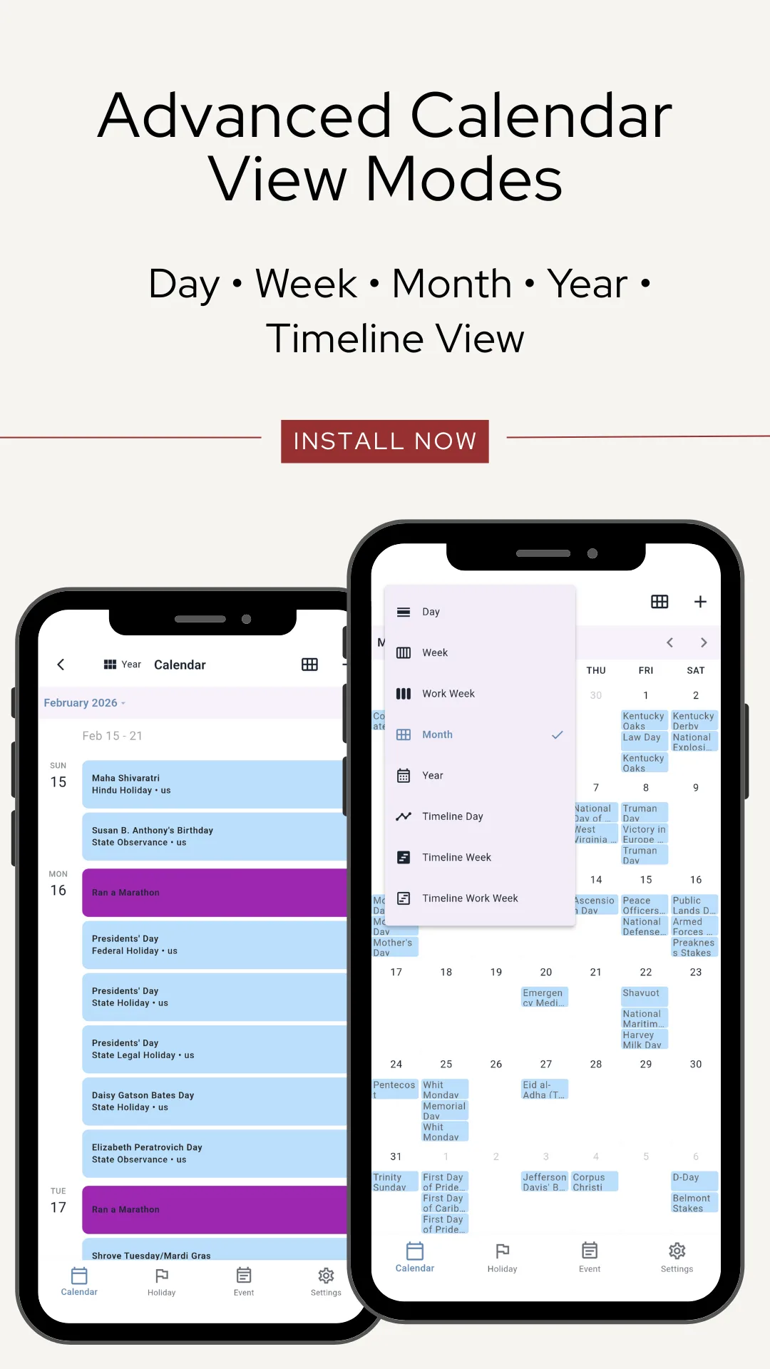 The calendar view menu open over a month grid, listing Day, Week, Work Week, Month with a tick, Year, Timeline Day, Timeline Week and Timeline Work Week
