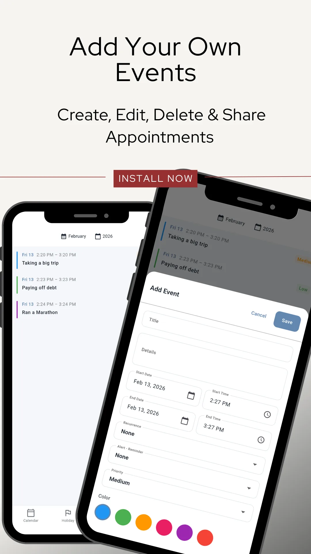 The Add Event form with fields for title, remarks, a start date of February 2026 with a start time, an end date and end time, and a colour picker, shown beside a day list containing entries such as Taking a trip and Paying off debt