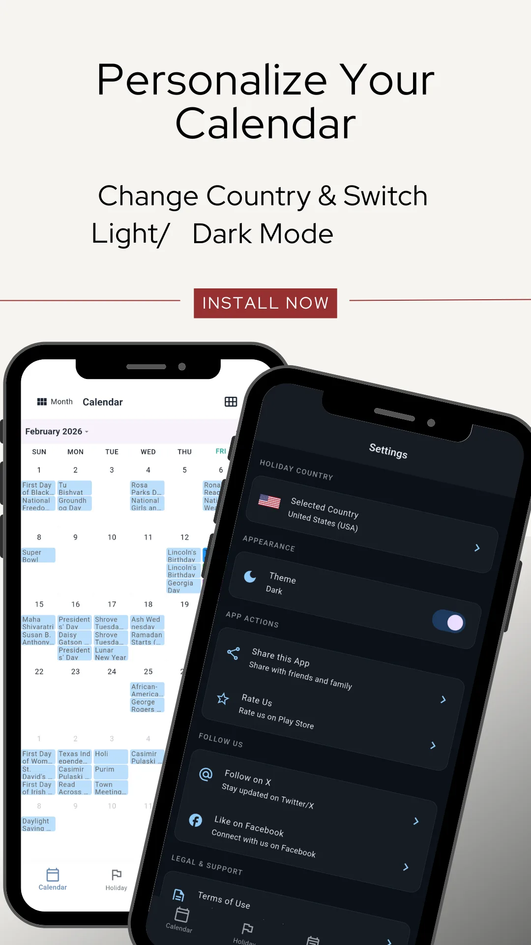 The Settings screen in dark mode showing Selected Country set to United States with its flag, a Theme toggle switched to dark, and options to share the app, rate it on the Play Store and follow on Facebook, beside the month calendar in light mode