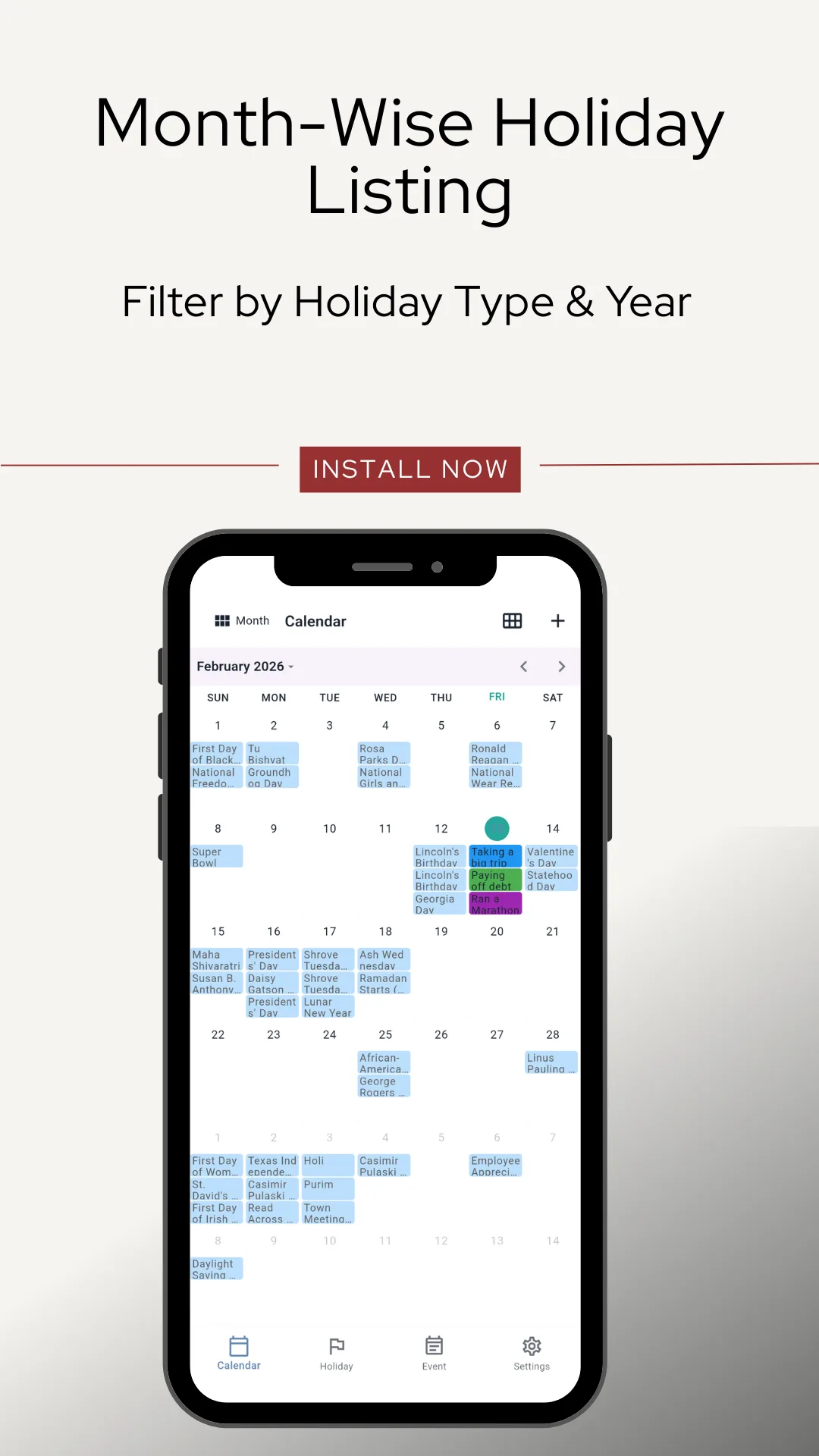 The February 2026 month calendar with holidays and events highlighted in blue, green and purple across the weeks, and a bottom navigation bar with calendar, holidays, events and settings tabs