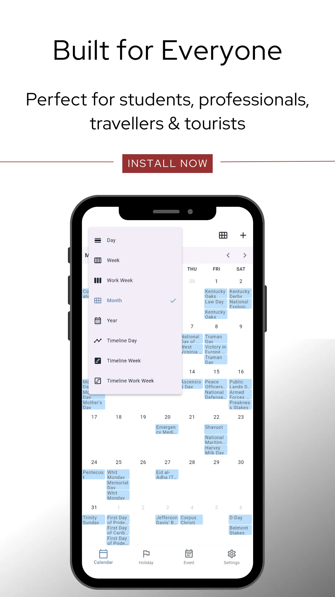 The view mode menu open over a February 2026 calendar, with Day, Week, Work Week, Month, Year, Timeline Day, Timeline Week and Timeline Work Week listed and Month selected
