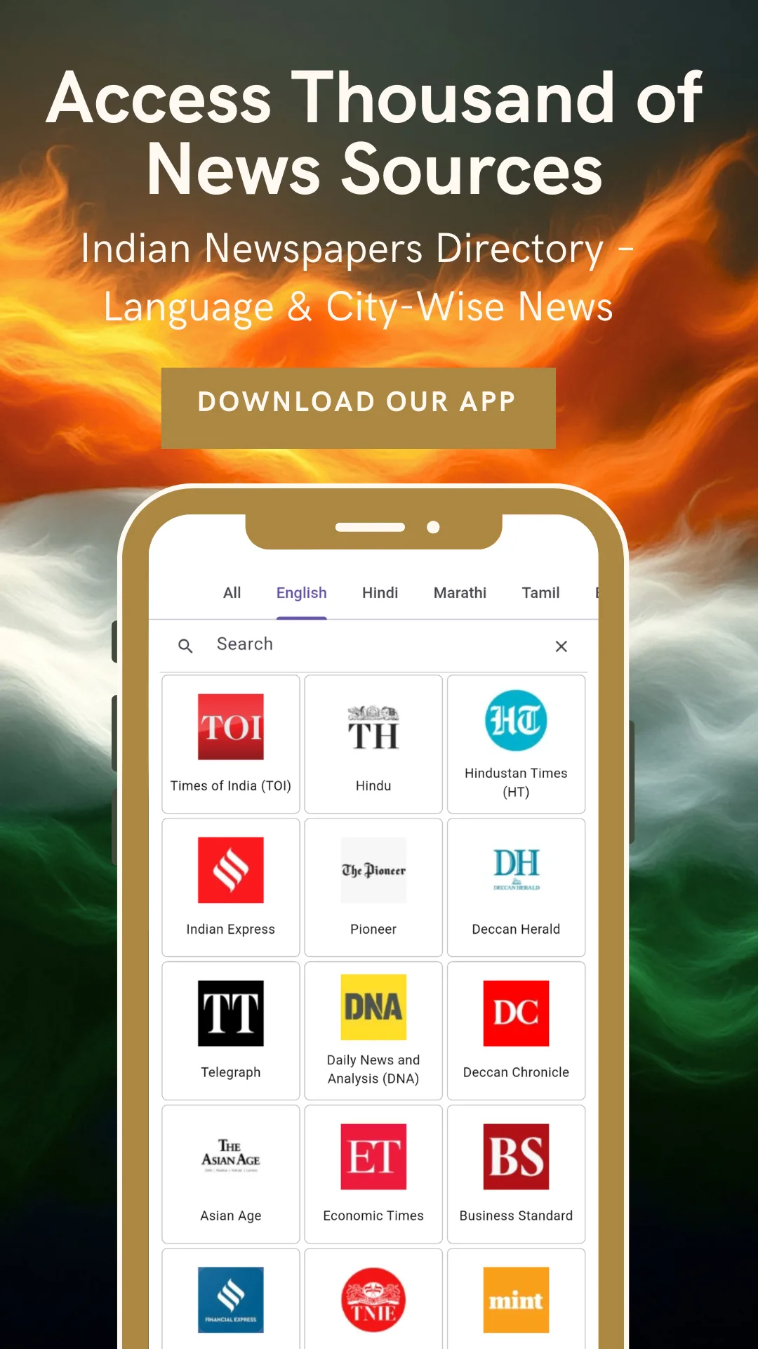 Grid of Indian newspaper and news channel logos in the Indian News and Newspapers app, captioned Access thousands of news sources