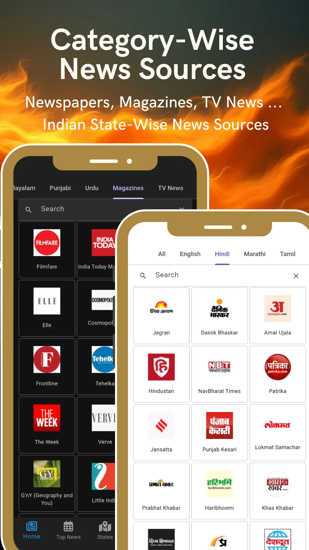 Category tabs for newspapers, magazines and TV news above a grid of Indian media logos, captioned Category-wise news sources