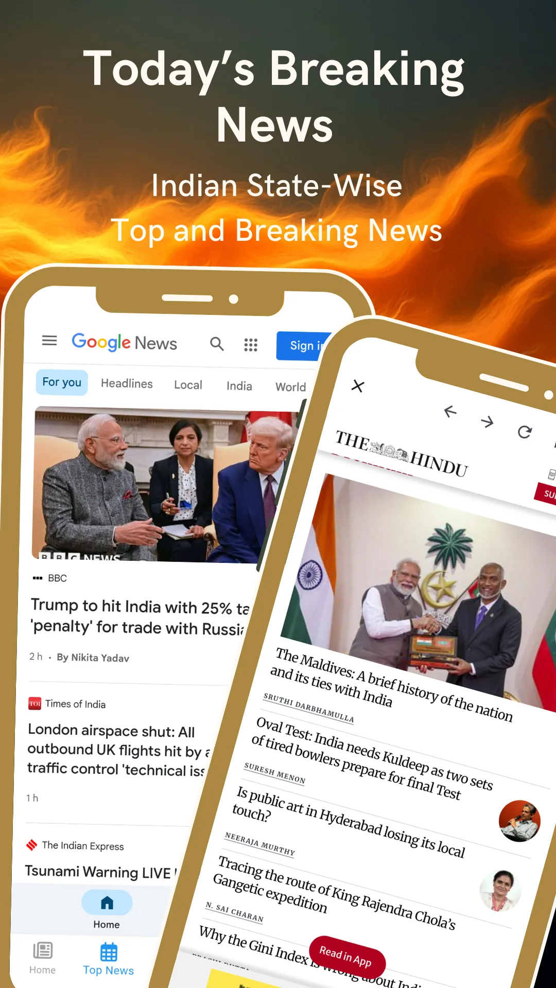 A list of the day's Indian headlines with thumbnail photographs, captioned Today's breaking news
