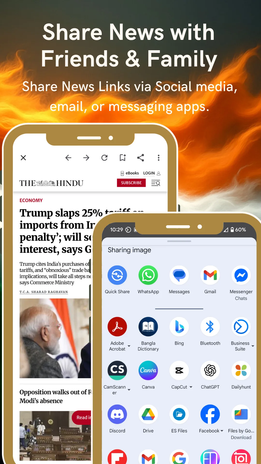 Android share sheet open over a story from The Hindu showing WhatsApp, Telegram and email targets, captioned Share news with friends and family