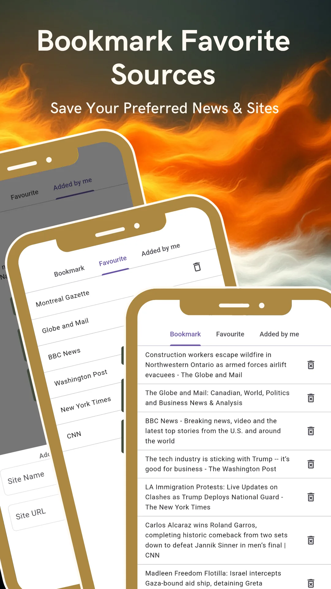 Bookmarks and favourites tabs listing saved Indian news articles and saved newspapers, captioned Bookmark favourite sources